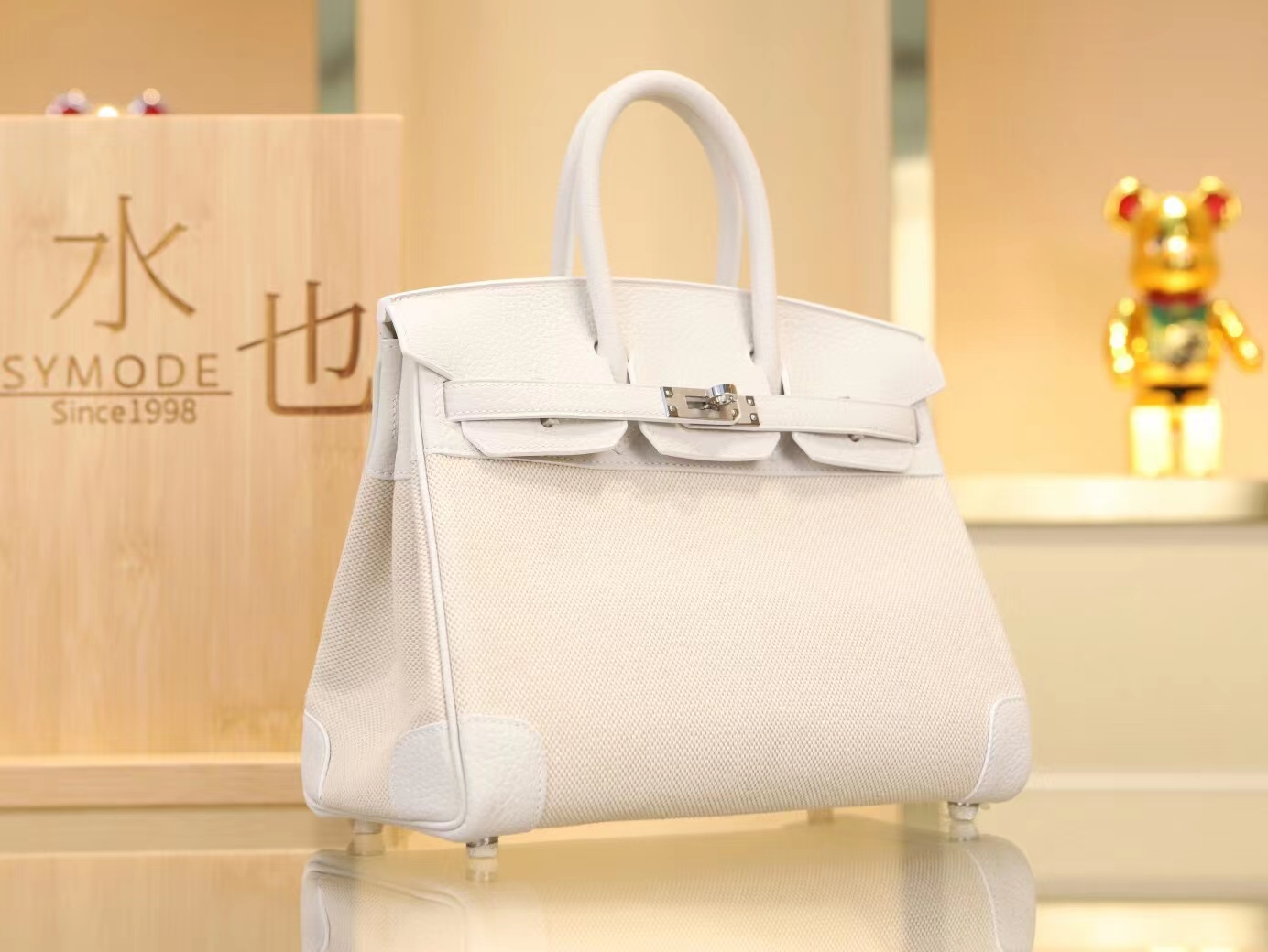 爱马仕女包 Hermes纯白色Togo牛皮拼帆布铂金包Birkin25CM 银扣