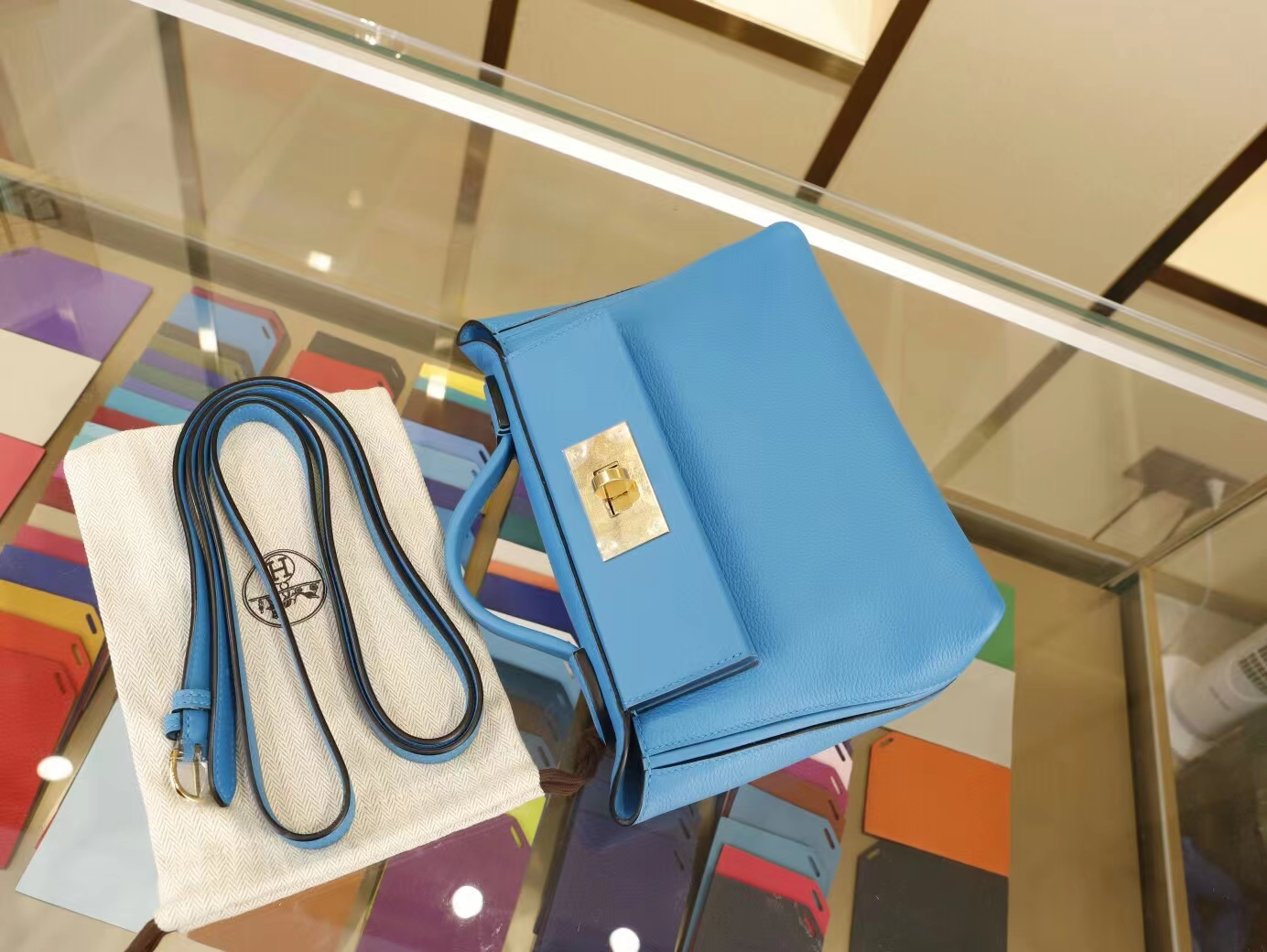 爱马仕新款女包 Hermes mini 2424 0F弗里达蓝 Evercolor拼Swift牛皮 金扣