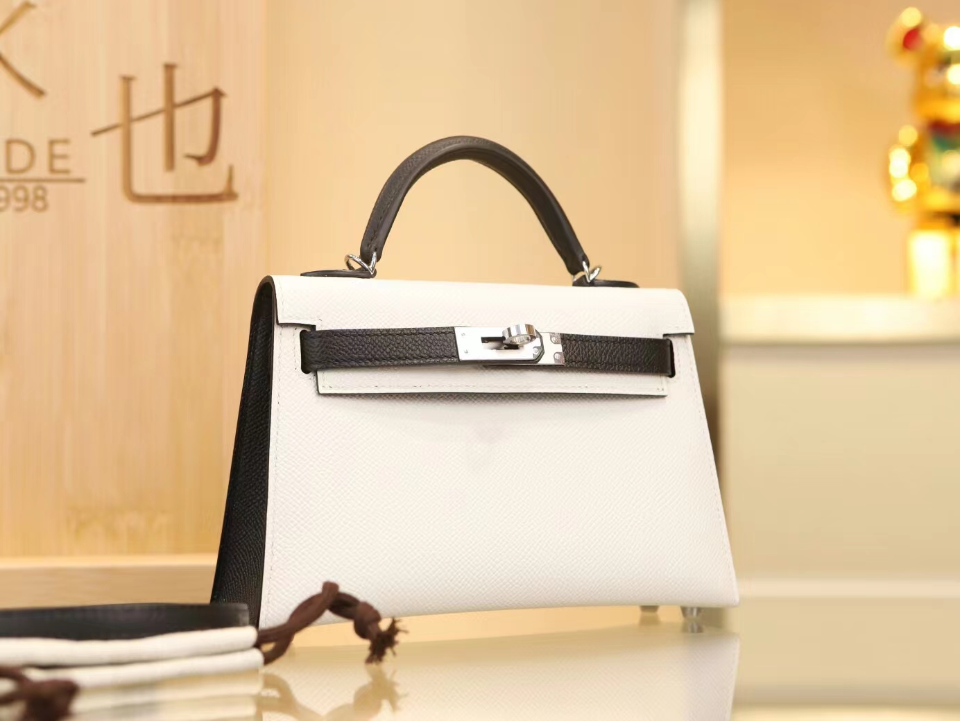 Hermes Mini Kelly二代19CM 爱马仕黑色拼白色Epsom皮二代迷你凯莉包