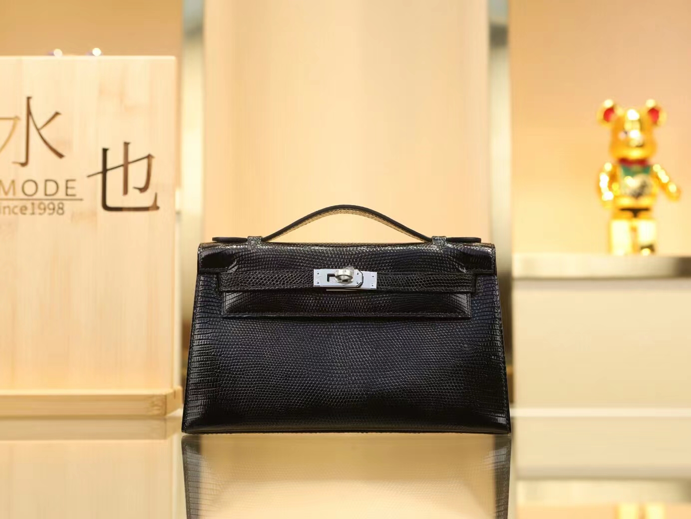 Hermes Mini Kelly Pochette1代 22cm 爱马仕黑色蜥蜴皮迷你凯莉包 银扣