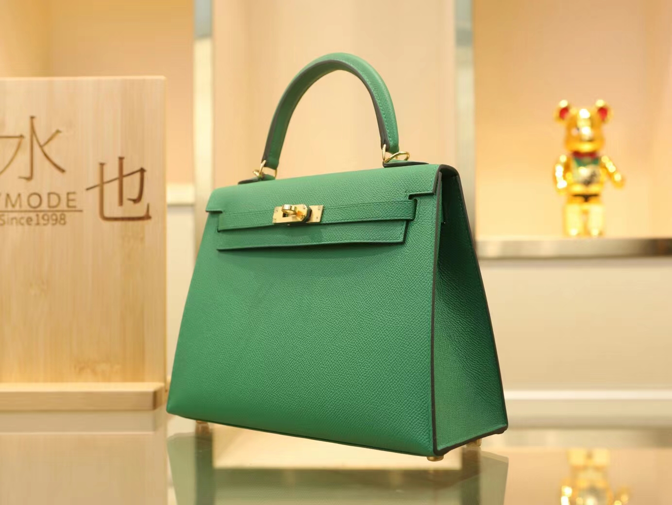 爱马仕Symode Hermes Kelly 25CM U4丝绒绿Epsom皮凯莉包手提包 金扣