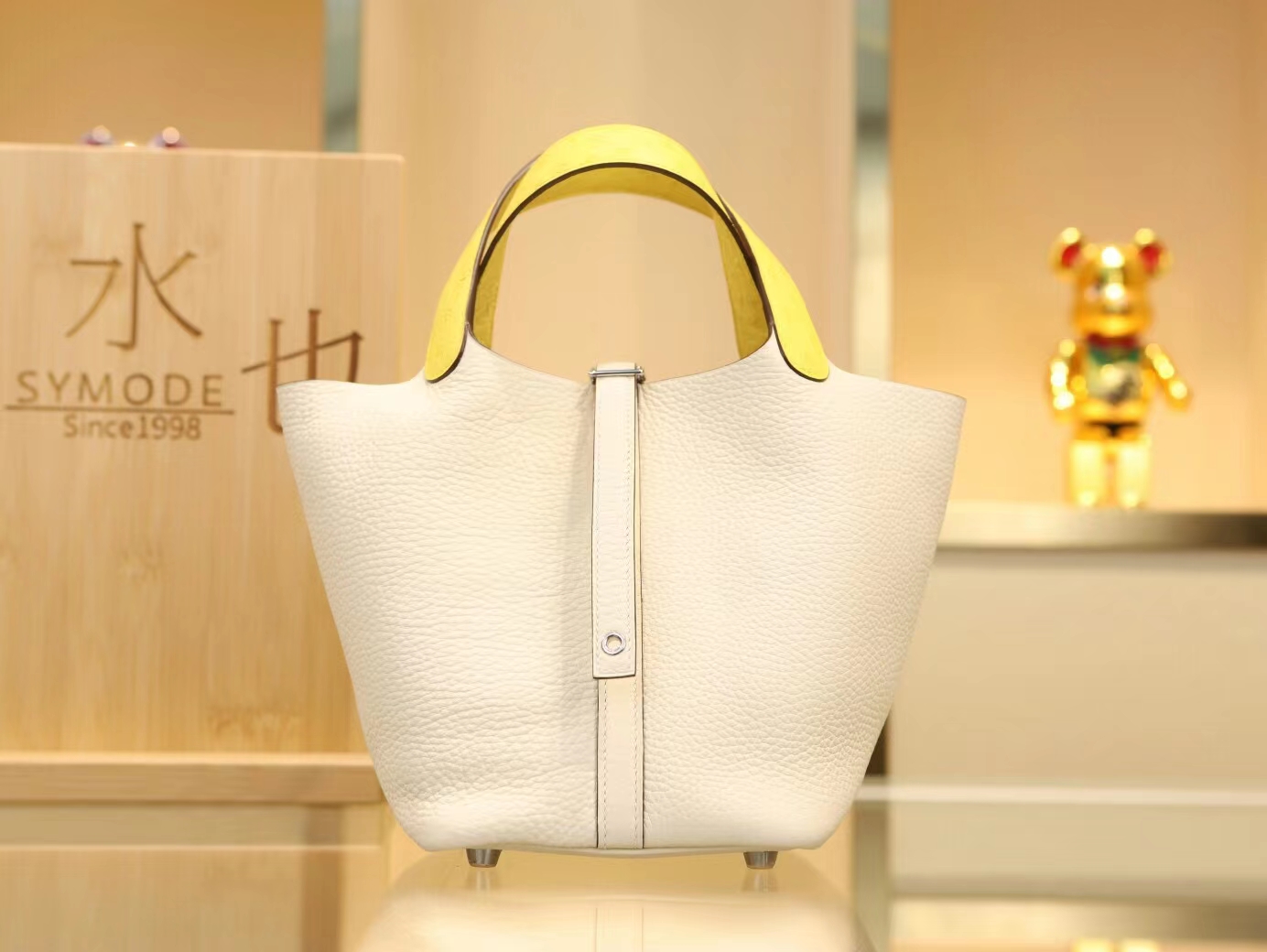 Hermes Picotin Touch18CM 爱马仕i2奶油白拼9r柠檬黄鸵鸟皮手柄菜篮子包