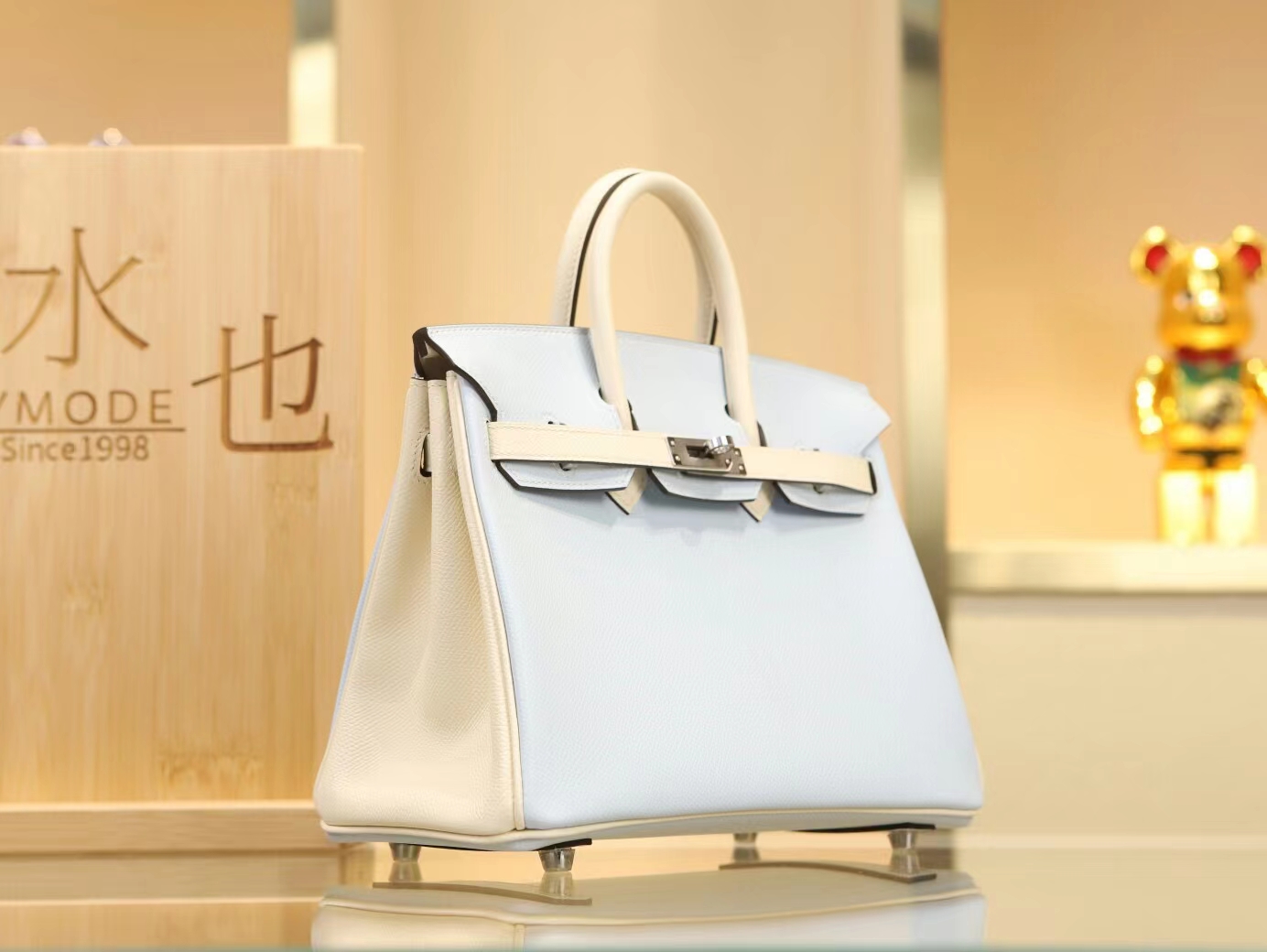 爱马仕Hermes T0圣杯蓝拼I2奶油白Epsom皮铂金包Birkin25CM 银扣