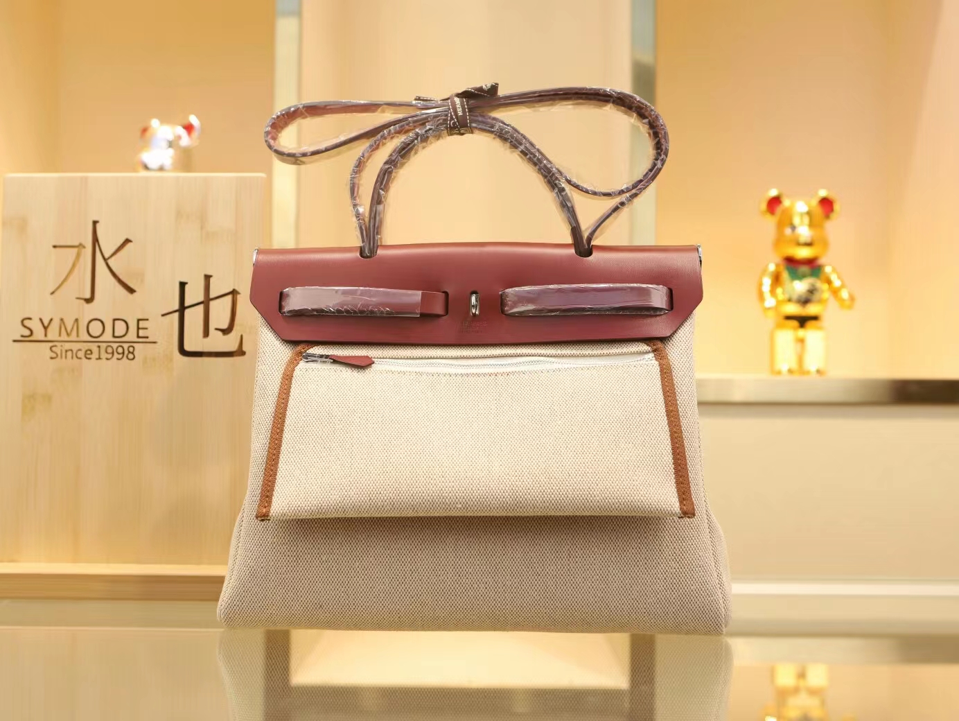 Hermes Herbag 31cm 爱马仕金棕拼酒红帆布拼牛皮手提女包 银扣