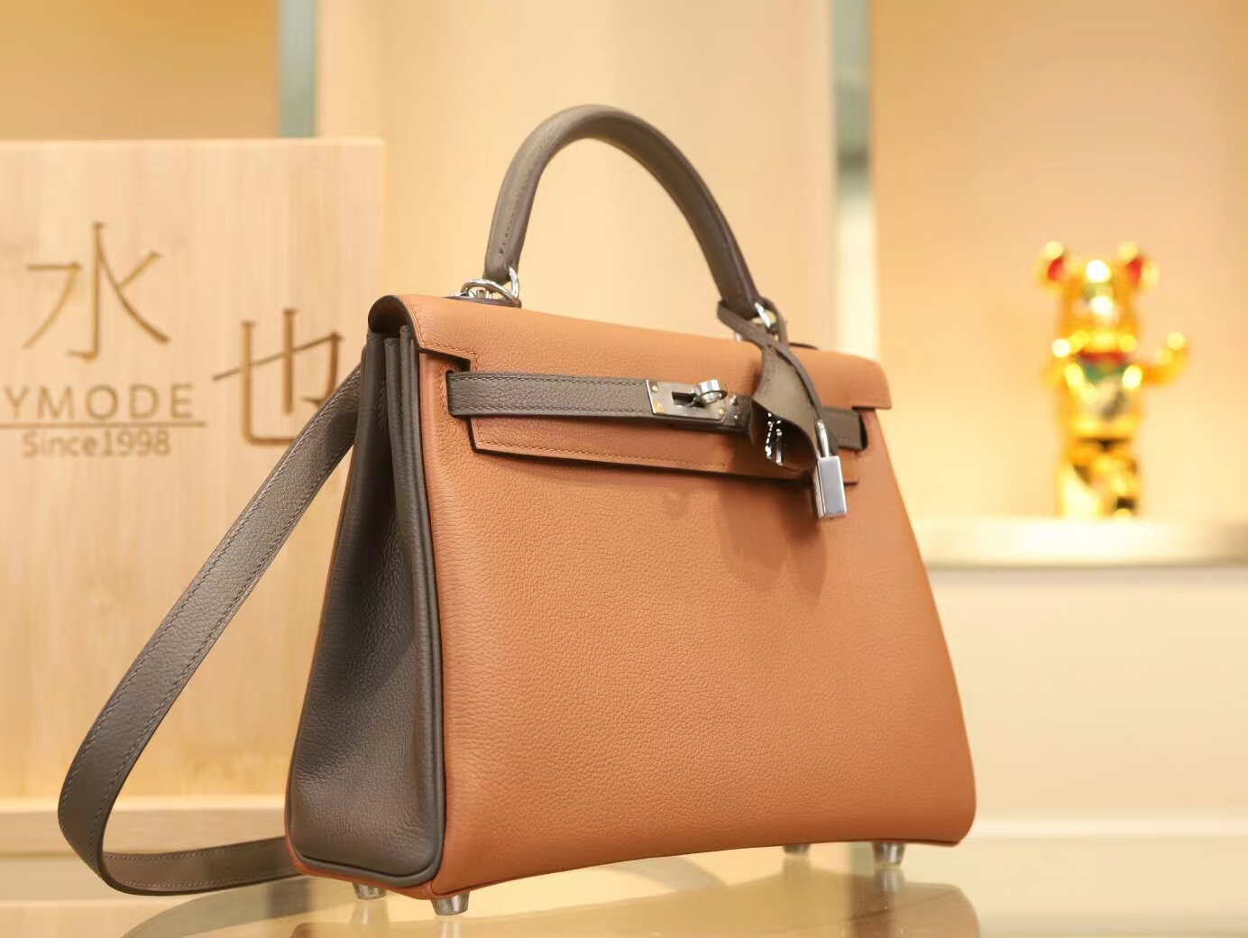 Hermes Kelly25CM 爱马仕金棕色拼8F锡器灰Evercolor皮拼色凯莉包
