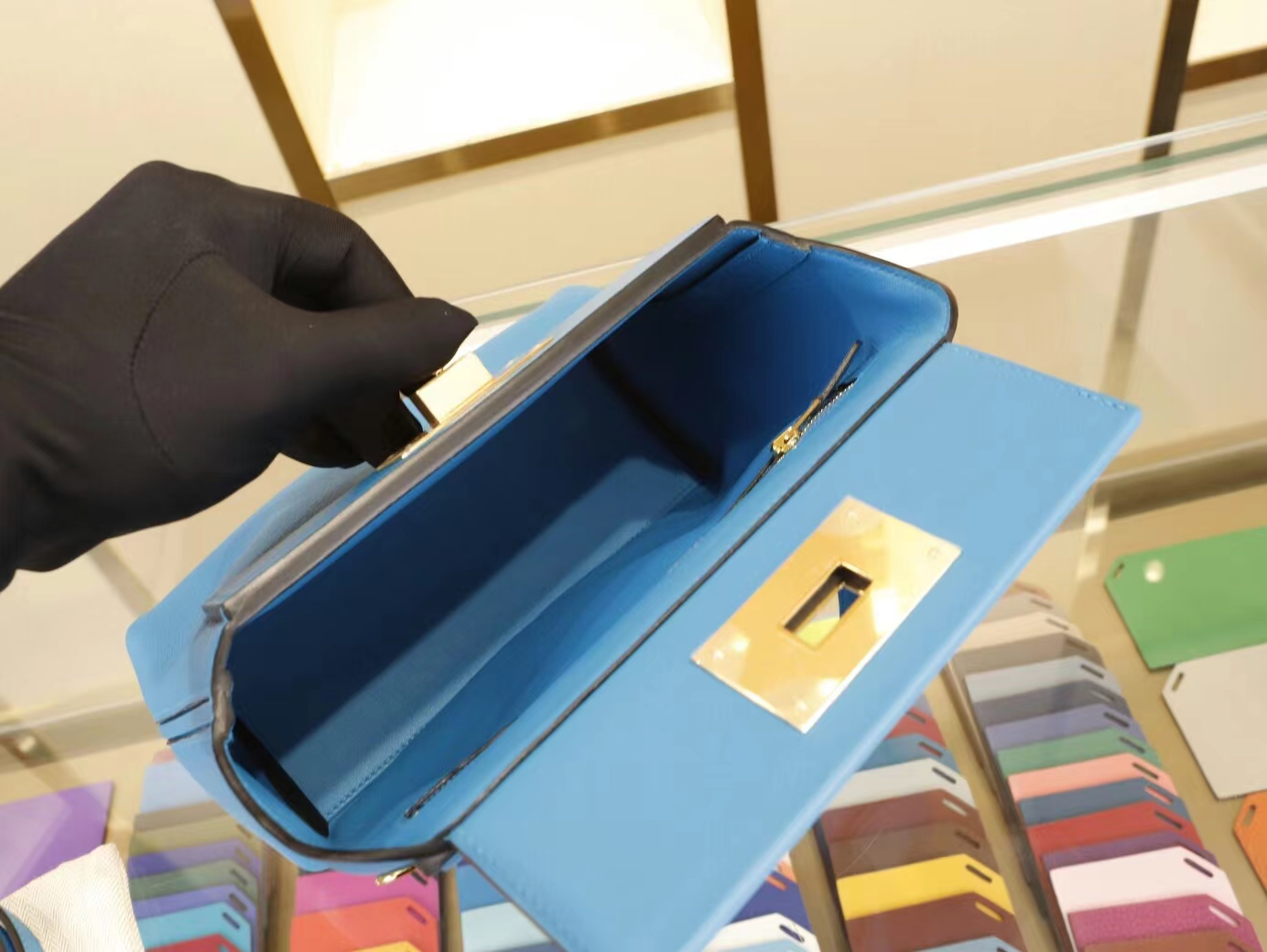 爱马仕新款女包 Hermes mini 2424 0F弗里达蓝 Evercolor拼Swift牛皮 金扣