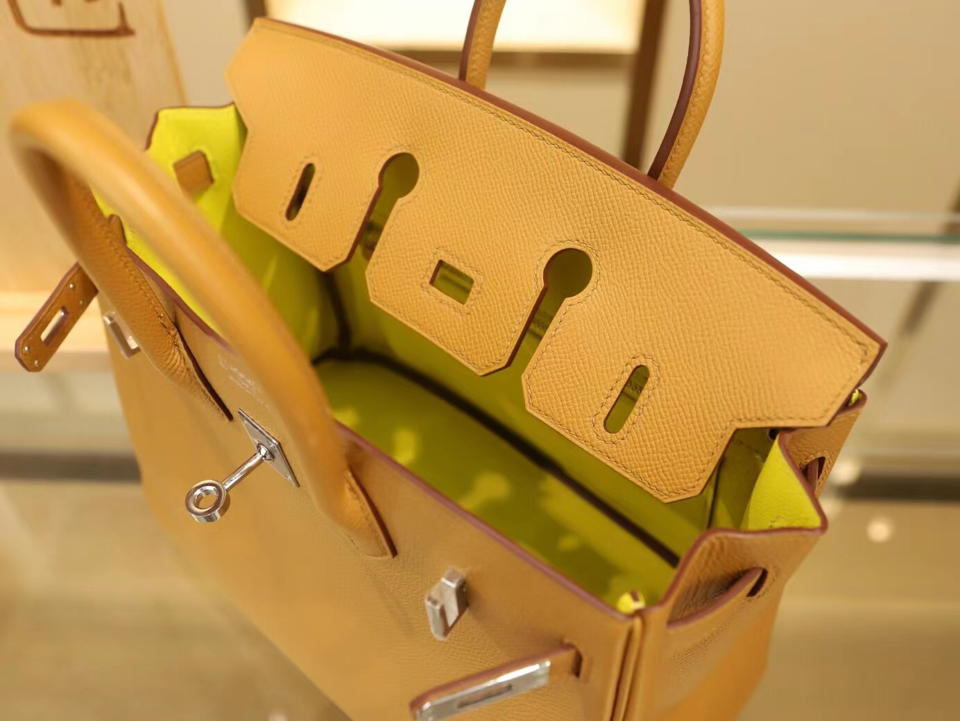 爱马仕拼色铂金包 Hermes 2S芝麻色内拼9R柠檬黄Epsom皮Birkin25CM