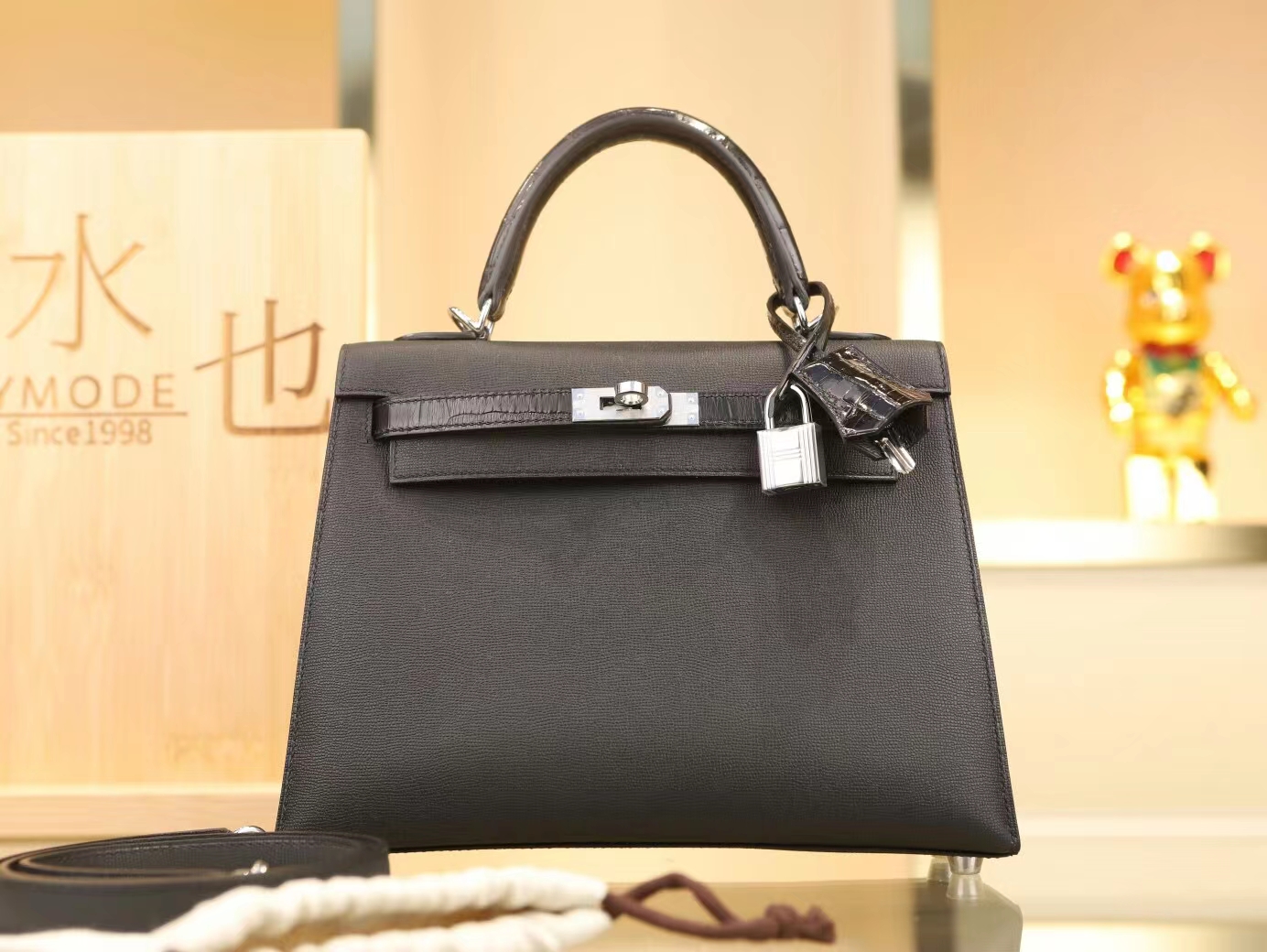 Hermes Kelly Touch25CM 爱马仕黑色Madame皮拼亮面鳄鱼皮凯莉包 银扣