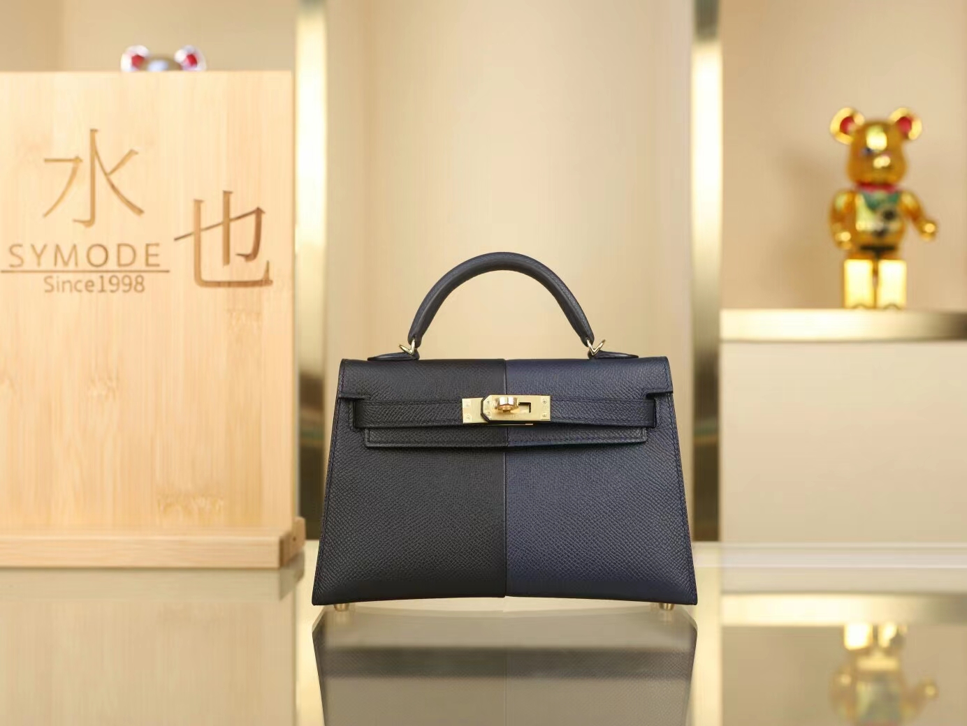 Hermes爱马仕89黑色拼接76靛蓝色Epsom皮mini kelly 2代casaque系列
