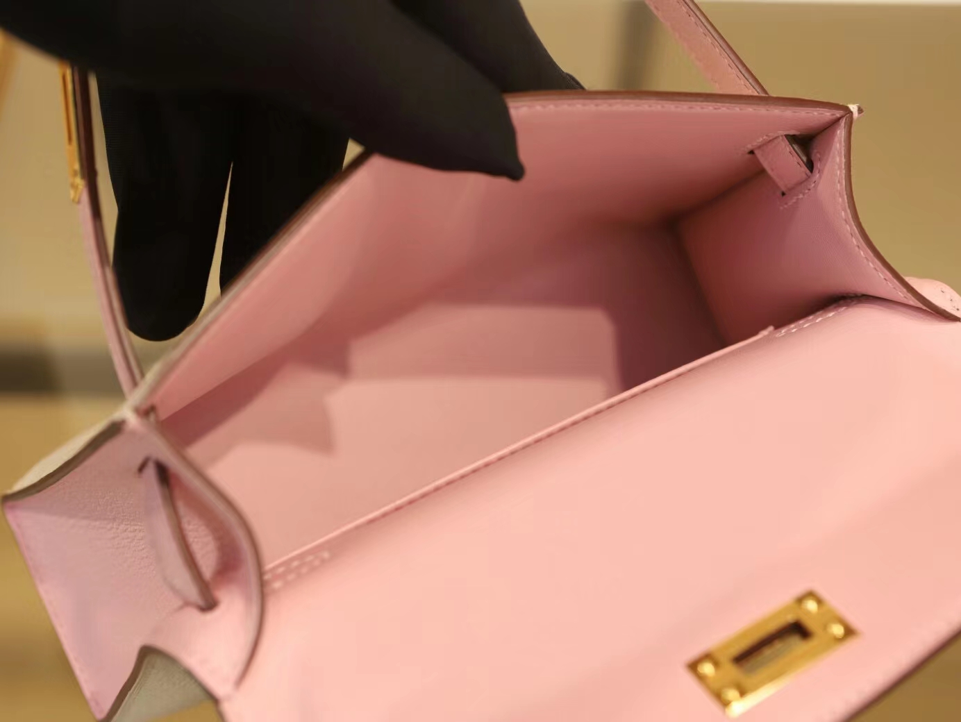 Hermes Mini Kelly 2代 爱马仕I2奶油白拼3Q水粉色山羊皮拼色二代迷你凯莉包