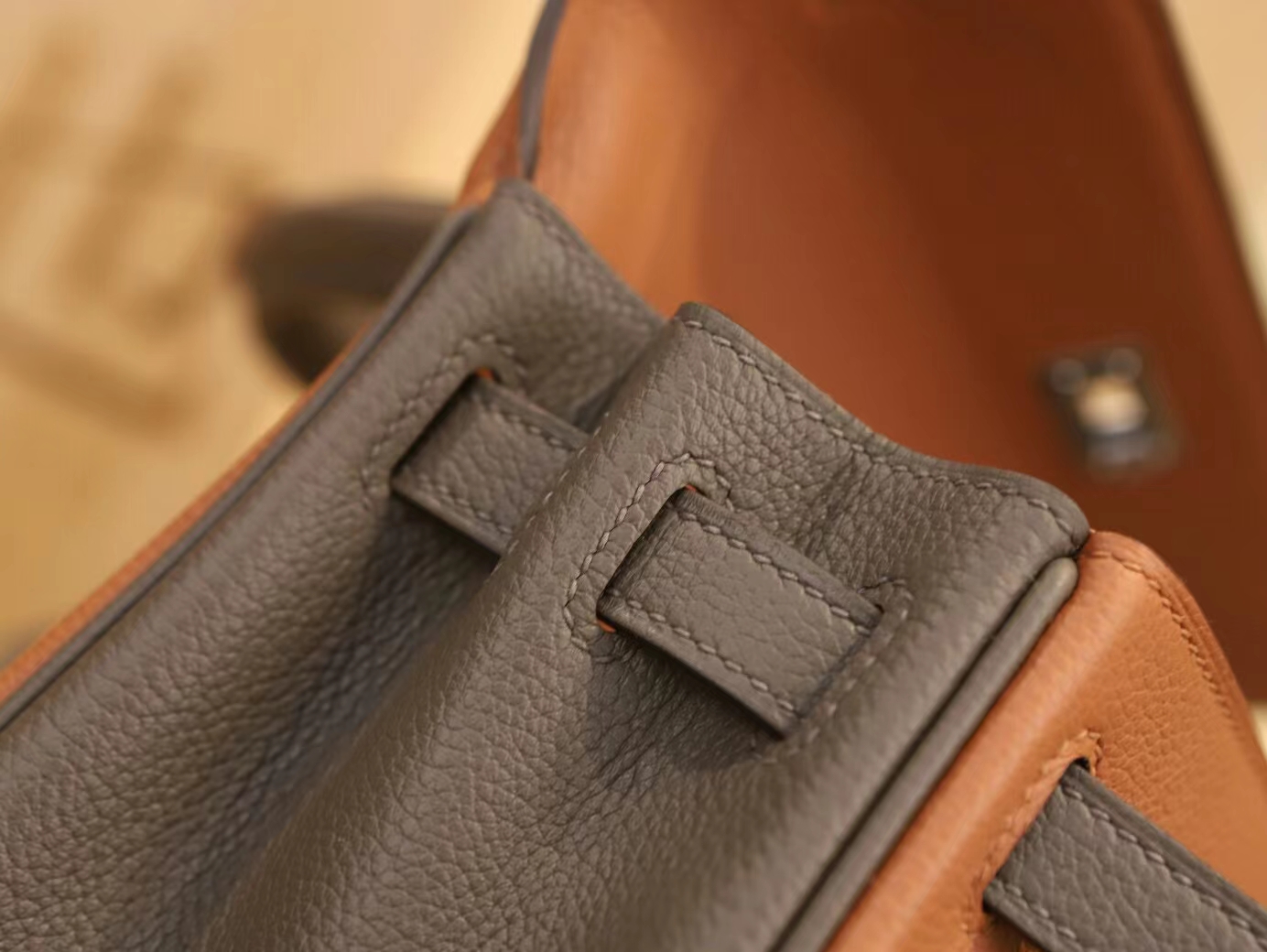 Hermes Kelly25CM 爱马仕金棕色拼8F锡器灰Evercolor皮拼色凯莉包