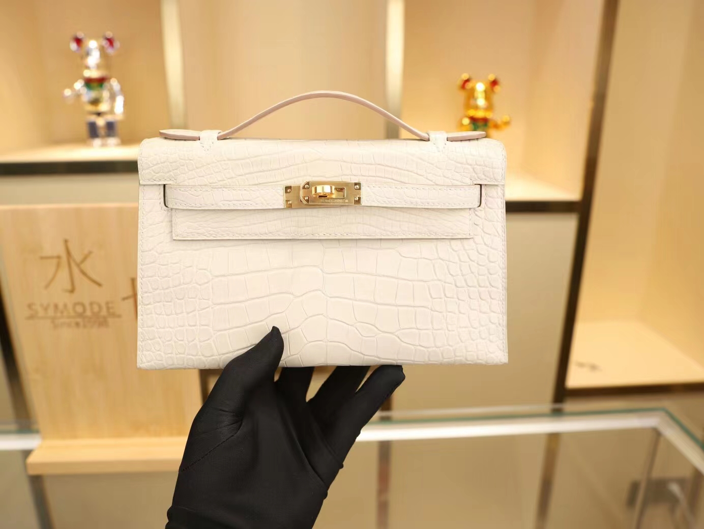 爱马仕Hermes Mini Kelly22CM 8L冰川白雾面方块鳄鱼皮一代迷你凯莉包