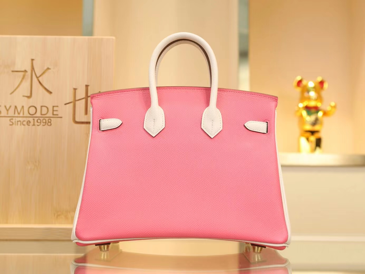 Hermes包包批发 爱马仕8W新唇膏粉拼奶昔白铂金包Birkin25CM 金扣