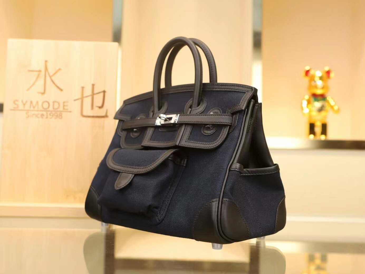 Symode Hermes Birkin Cargo25CM深海蓝Toile Goeland帆布拼黑色铂金包