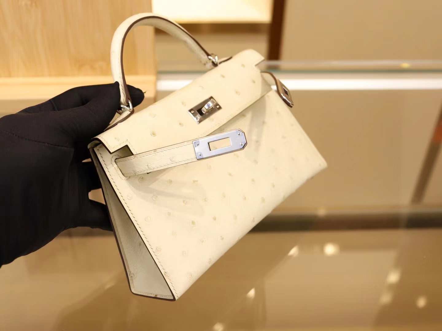 爱马仕手拿包 Hermes Mini Kelly 2代3C羊毛白鸵鸟皮迷你凯莉包 银扣