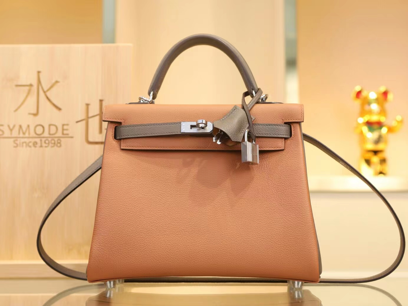 Hermes Kelly25CM 爱马仕金棕色拼8F锡器灰Evercolor皮拼色凯莉包