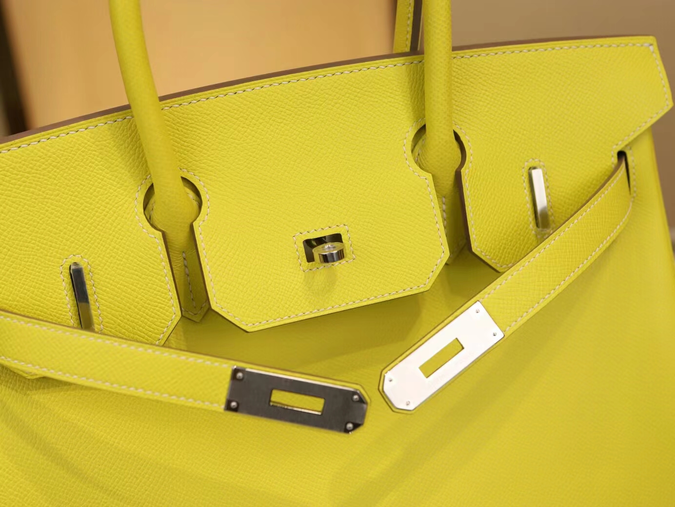 爱马仕拼色铂金包 Hermes 9R柠檬黄内拼80珍珠灰Birkin30CM 银扣
