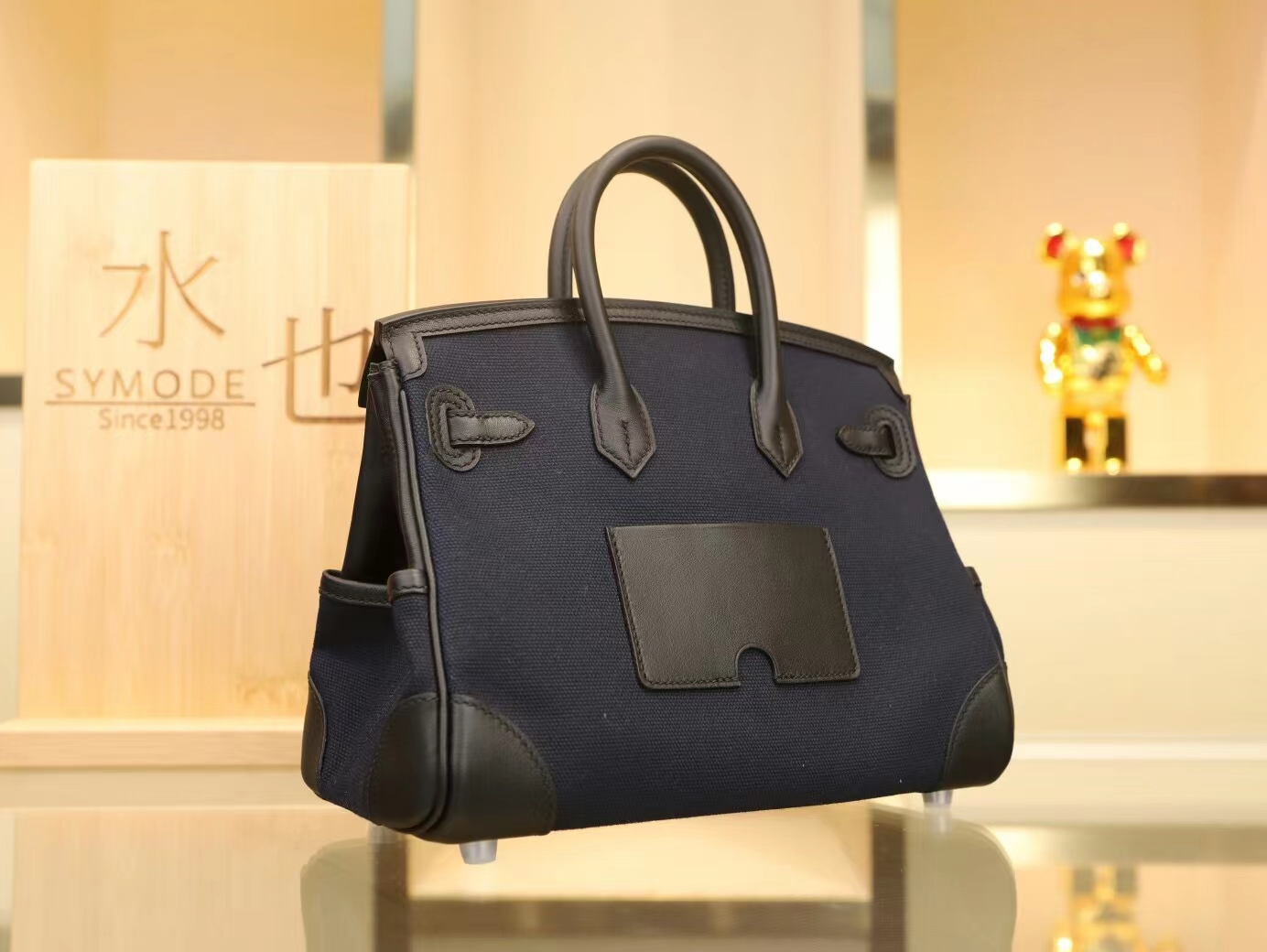 Symode Hermes Birkin Cargo25CM深海蓝Toile Goeland帆布拼黑色铂金包