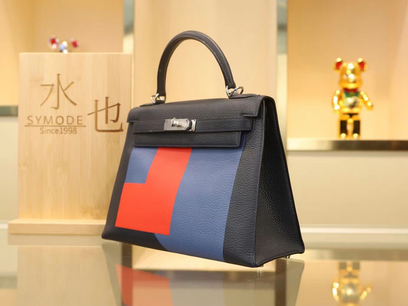 爱马仕包包定制 Hermes午夜蓝三拼皮字母凯莉包Kelly Graphie Alphabet28CM