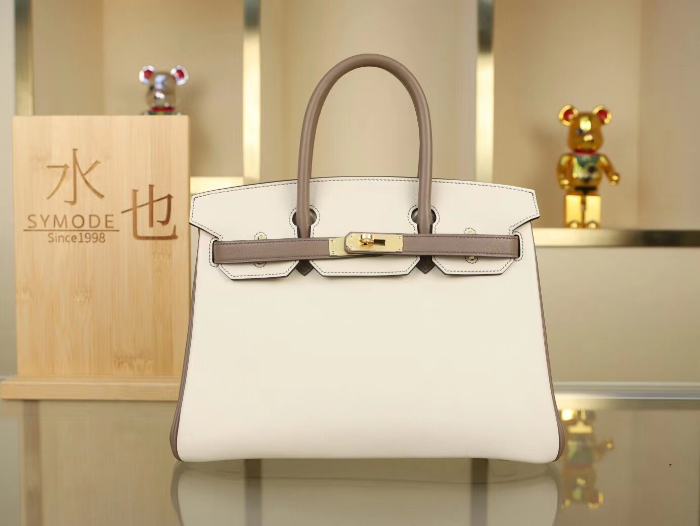 Hermes Birkin30CM 爱马仕奶昔白拼M8沥青灰Swift小牛皮铂金包 金扣