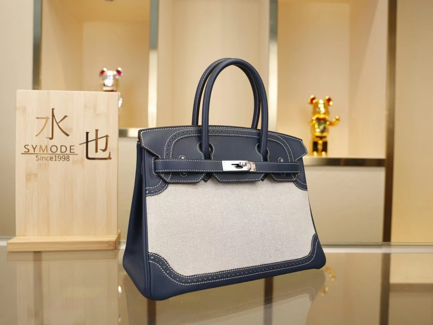 爱马仕铂金包限量Ghillies蕾丝款 帆布拼7p布鲁斯蓝swift皮Birkin30CM 银扣