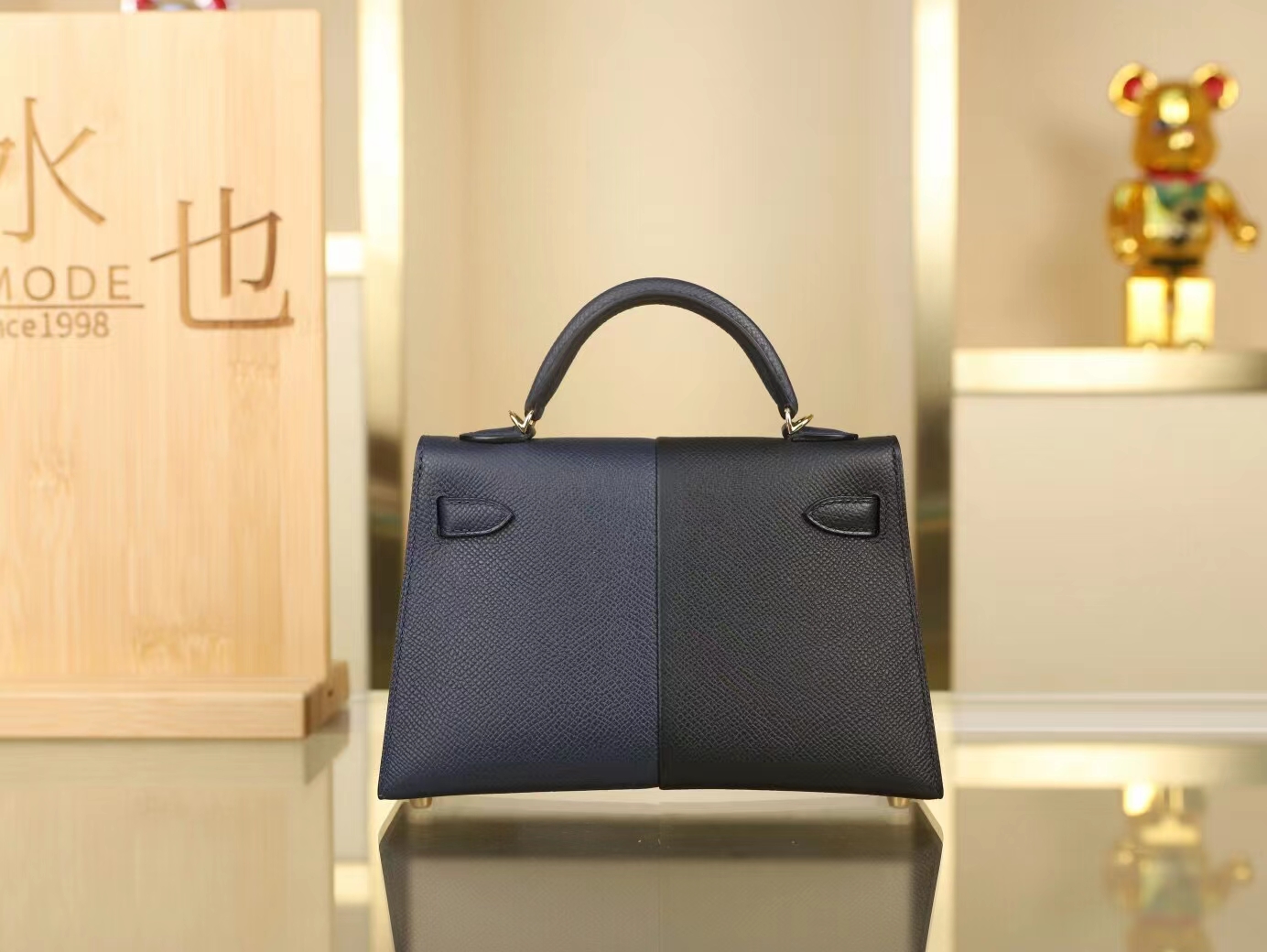 Hermes爱马仕89黑色拼接76靛蓝色Epsom皮mini kelly 2代casaque系列