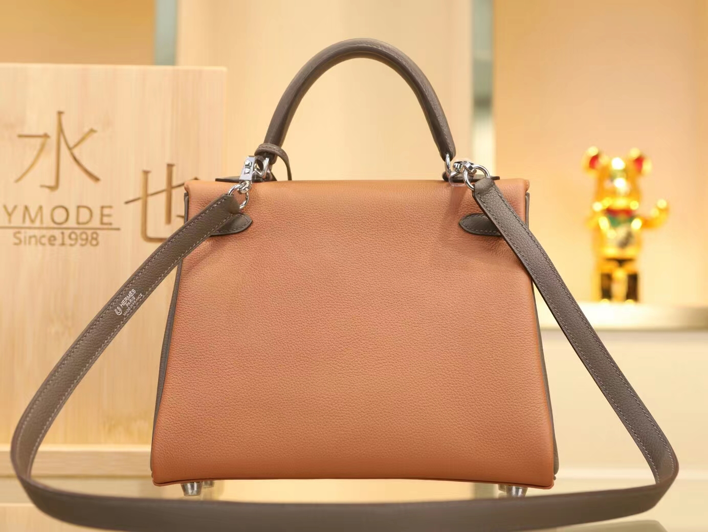 Hermes Kelly25CM 爱马仕金棕色拼8F锡器灰Evercolor皮拼色凯莉包