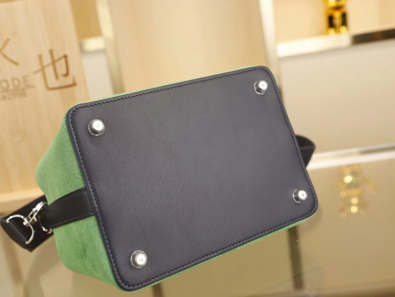 爱马仕包包定制 Hermes工具箱牛奶盒CC66青草绿s拼2Z午夜蓝Toolbox20CM