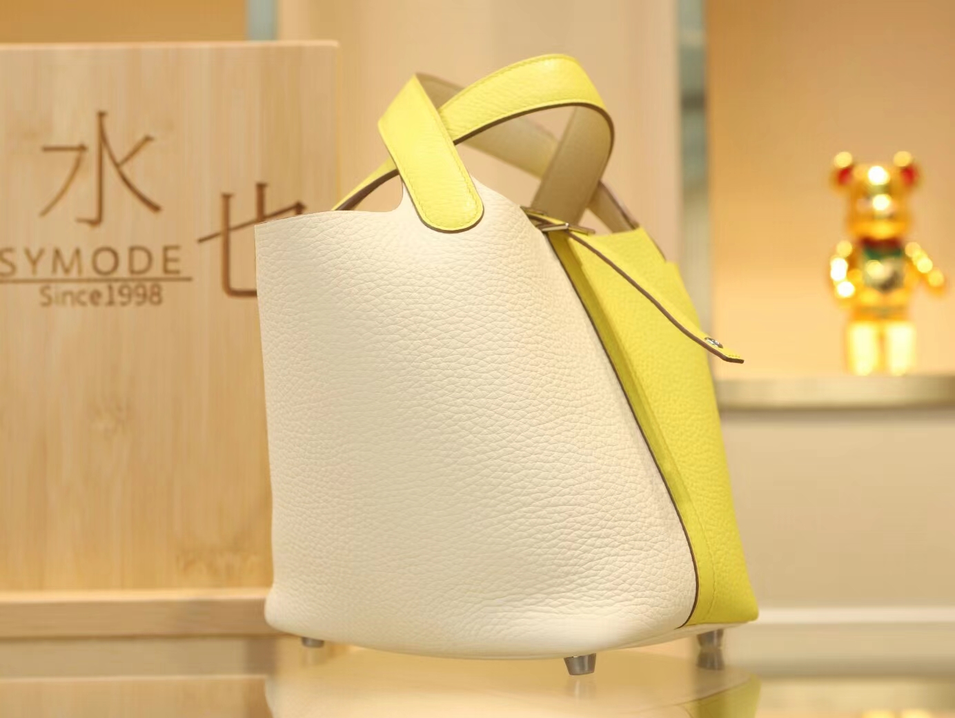 爱马仕菜篮子水桶包 Hermes Picotin Lock18CM 奶油白对拼糖果黄 银扣