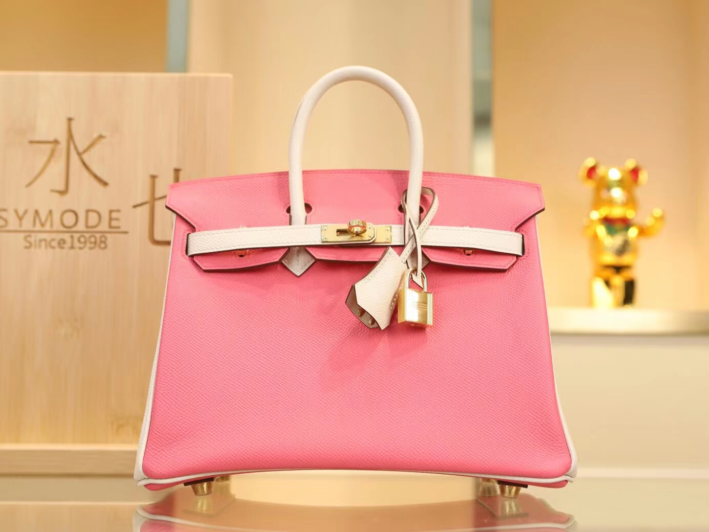 Hermes包包批发 爱马仕8W新唇膏粉拼奶昔白铂金包Birkin25CM 金扣