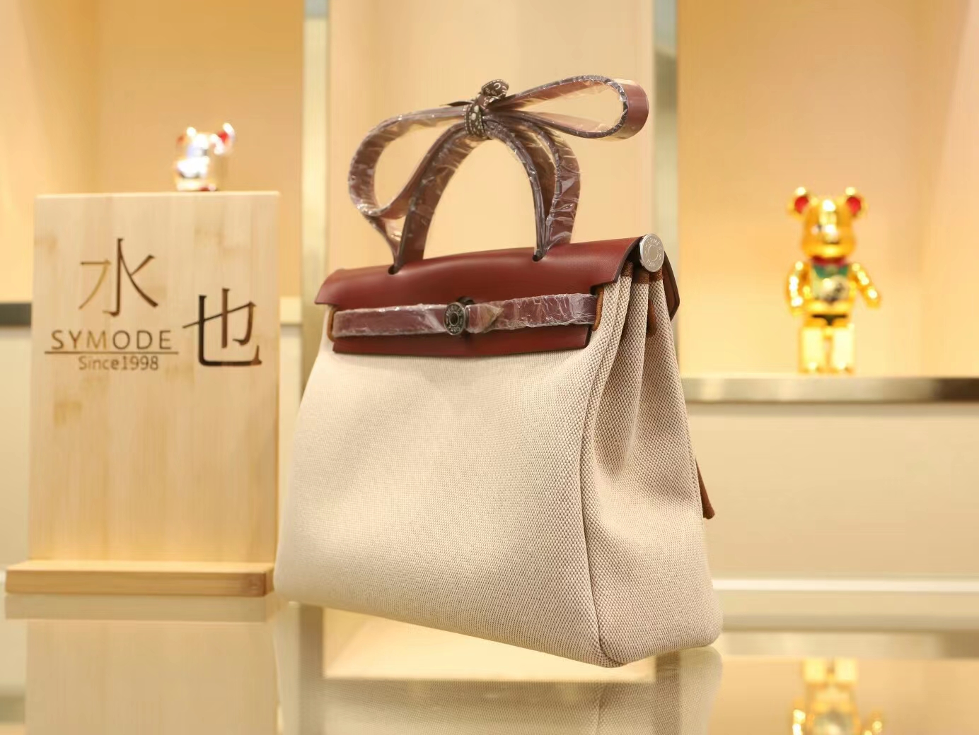 Hermes Herbag 31cm 爱马仕金棕拼酒红帆布拼牛皮手提女包 银扣
