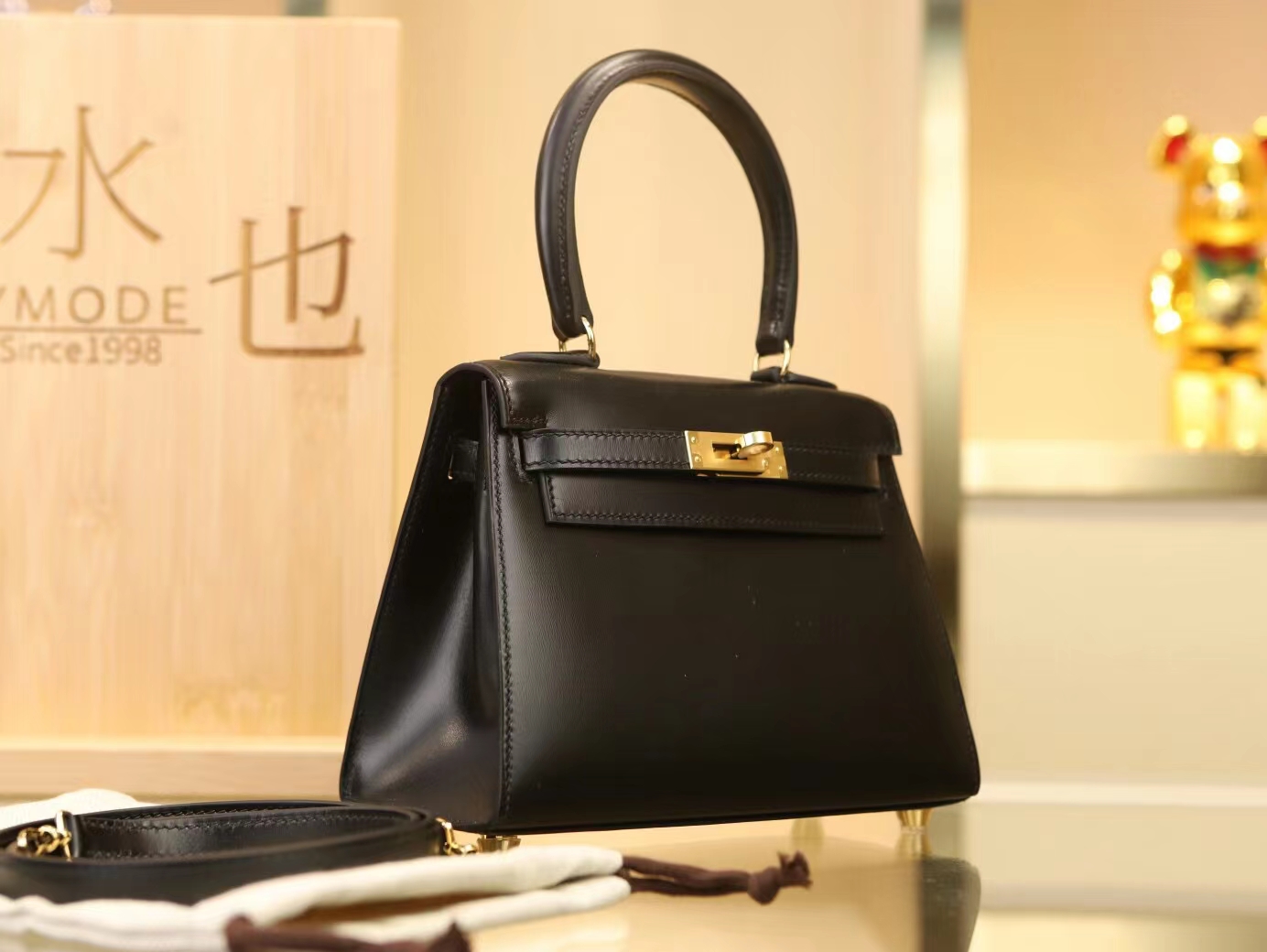 爱马仕大耳朵凯莉包 Hermes Kelly 20CM 89黑色box光面小牛皮 金扣