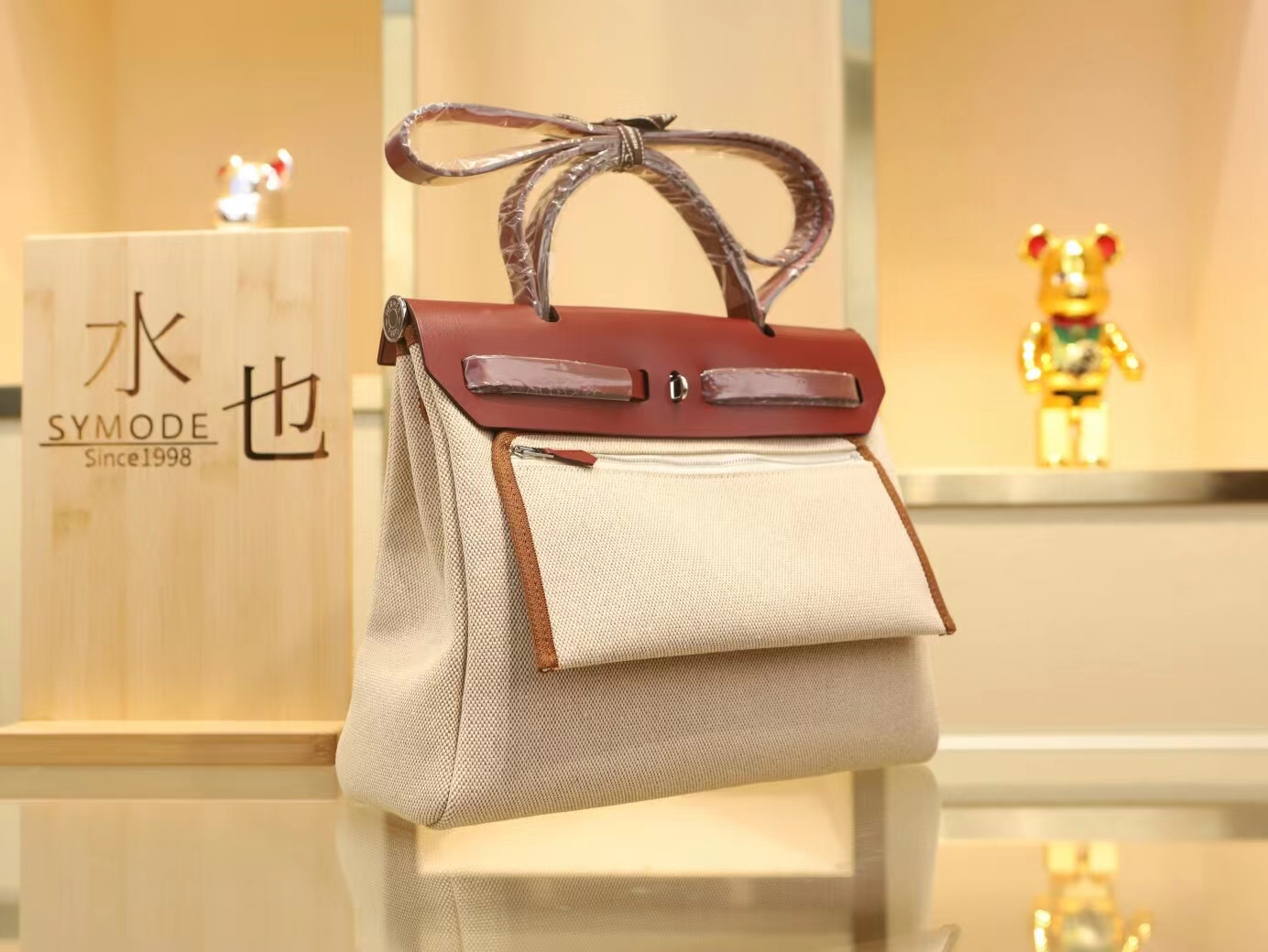 Hermes Herbag 31cm 爱马仕金棕拼酒红帆布拼牛皮手提女包 银扣