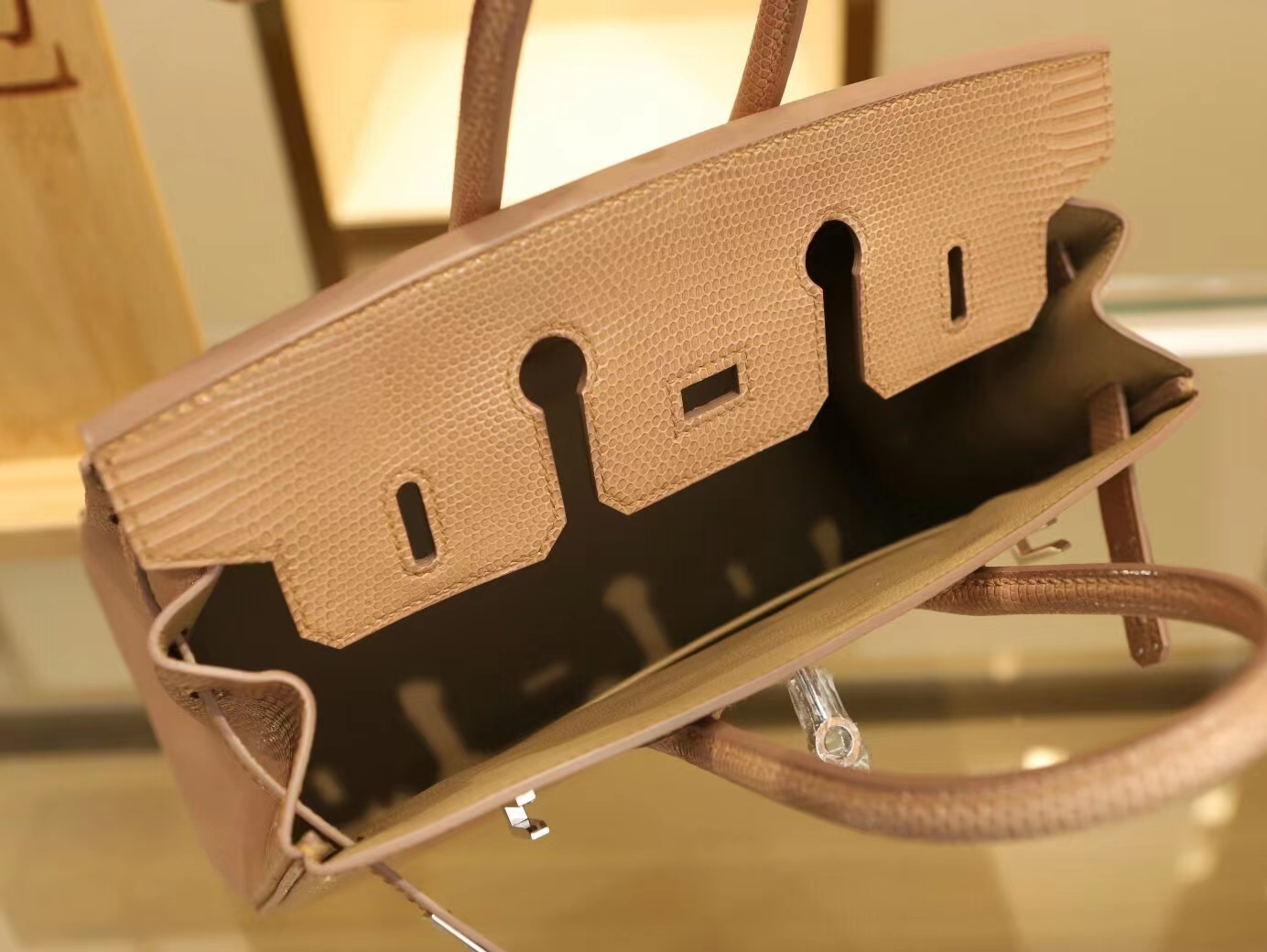 爱马仕包包定制 Hermes CC17灰褐色蜥蜴皮铂金包Birkin25CM 银扣