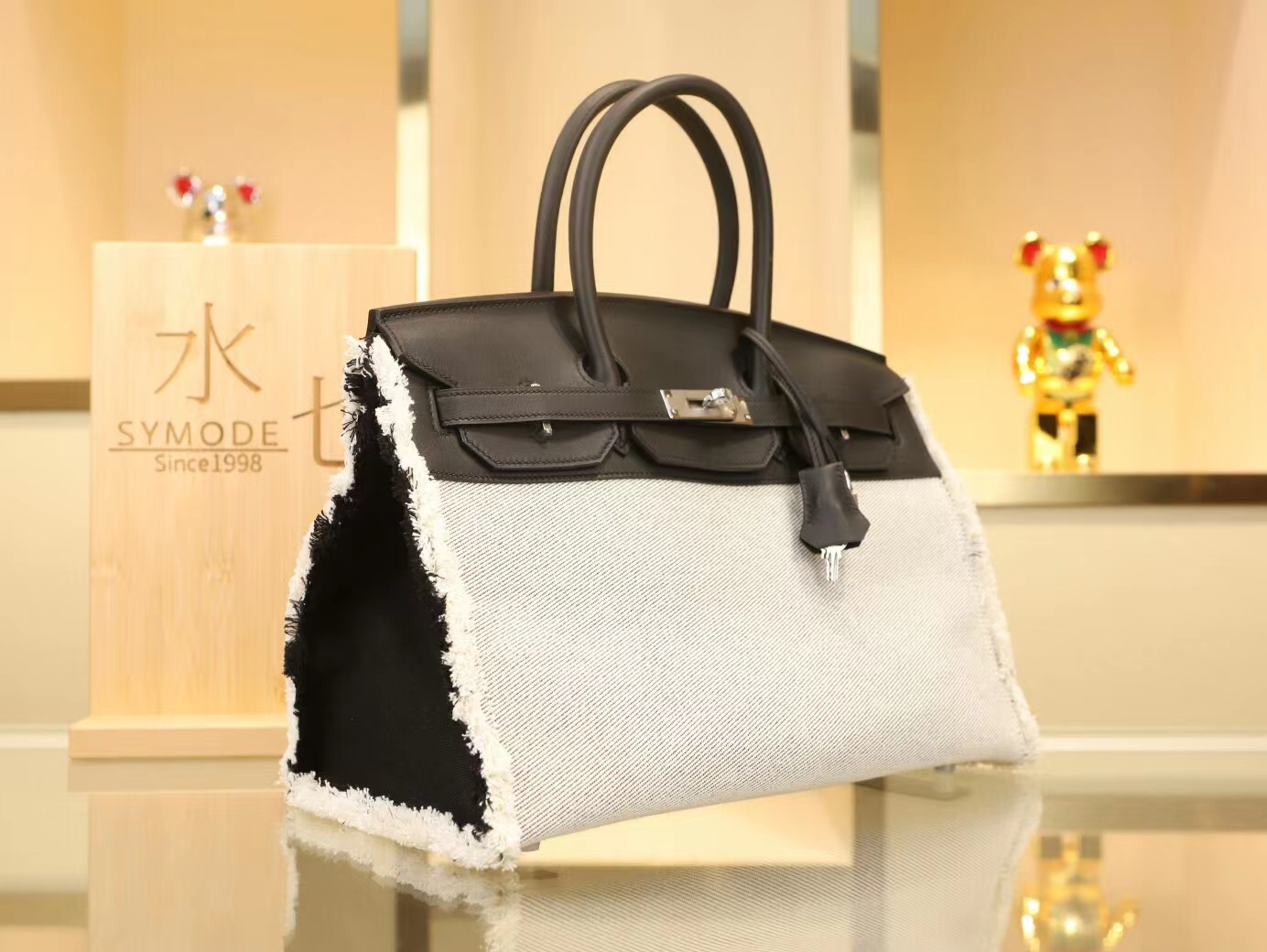 Hermes Birkin Fray Fray 35CM 爱马仕白布配黑色牛皮流苏款铂金包 银扣