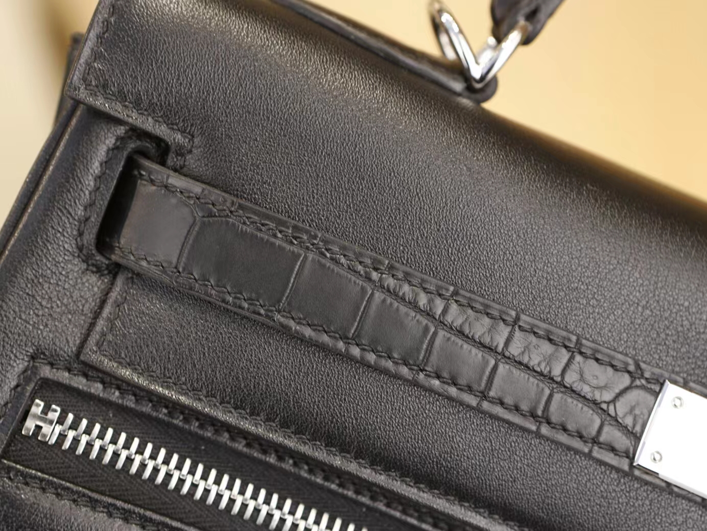 Hermes Kelly Lakis32CM 爱马仕Swift小牛皮拼雾面鳄鱼皮凯莉包 银扣