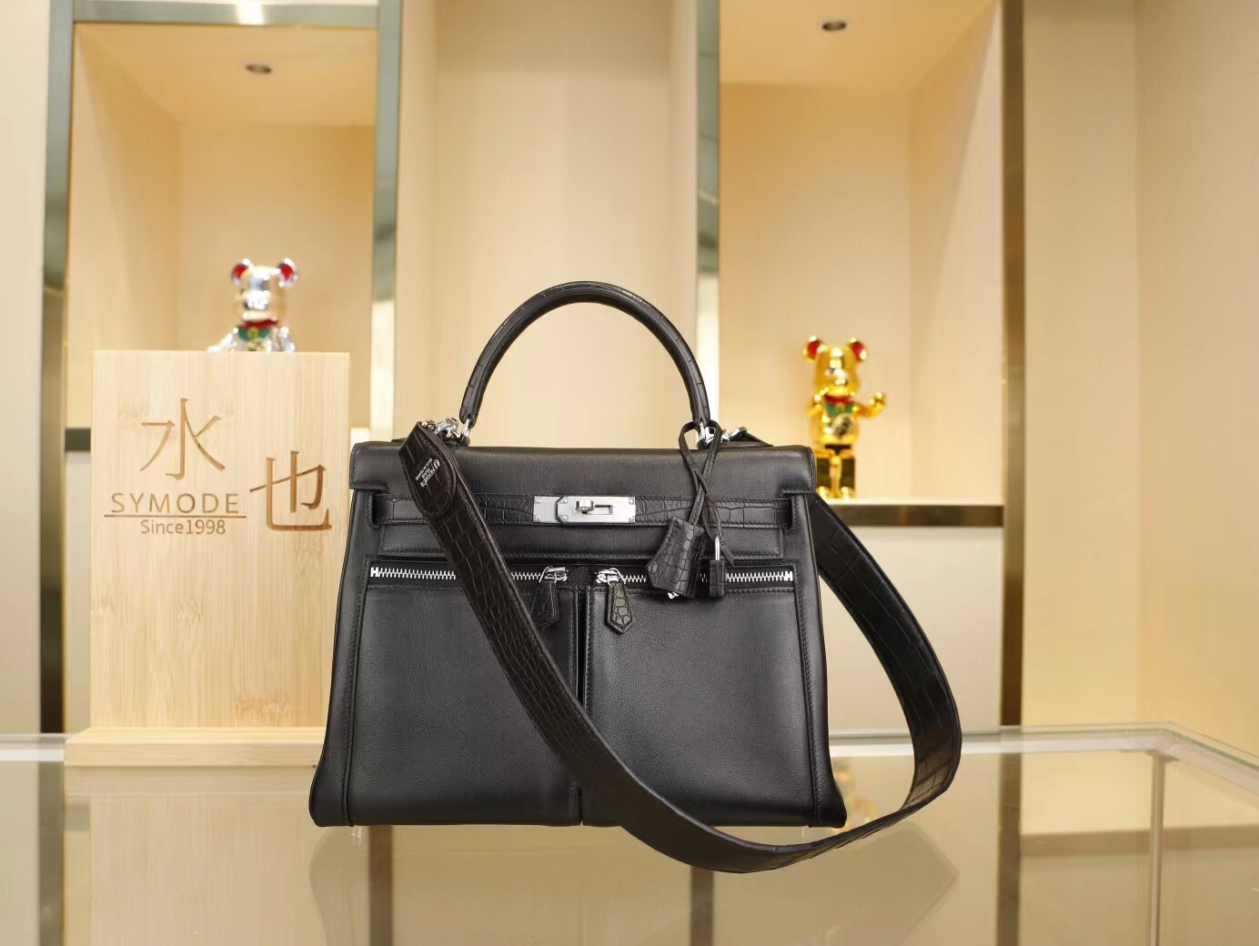 Hermes Kelly Lakis32CM 爱马仕Swift小牛皮拼雾面鳄鱼皮凯莉包 银扣
