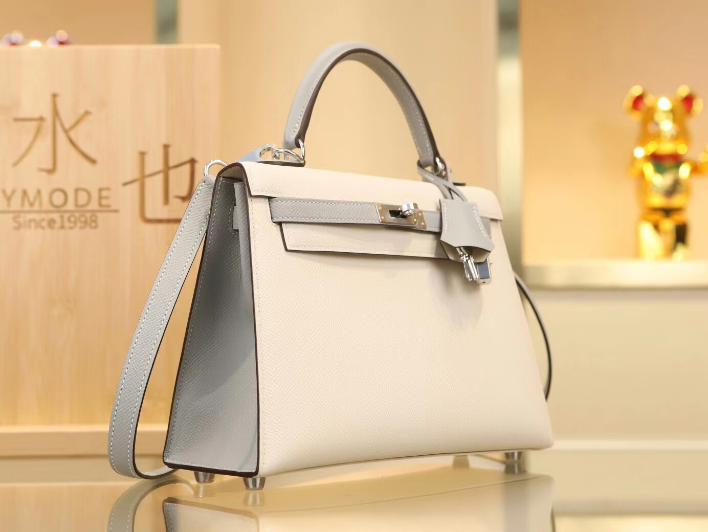Hermes Kelly25CM 爱马仕奶昔白拼海鸥灰Epsom皮凯莉包 银扣