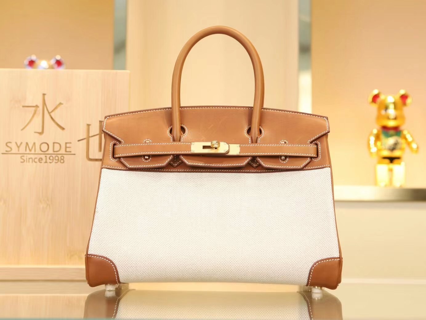Hermes Birkin30CM 爱马仕帆布拼金棕色马鞍皮铂金包手提女包 金扣