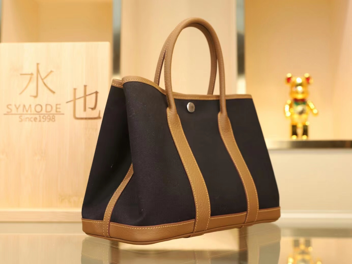 Hermes Garden Party30cm 爱马仕黑色帆布拼栗子色牛皮花园包 银扣