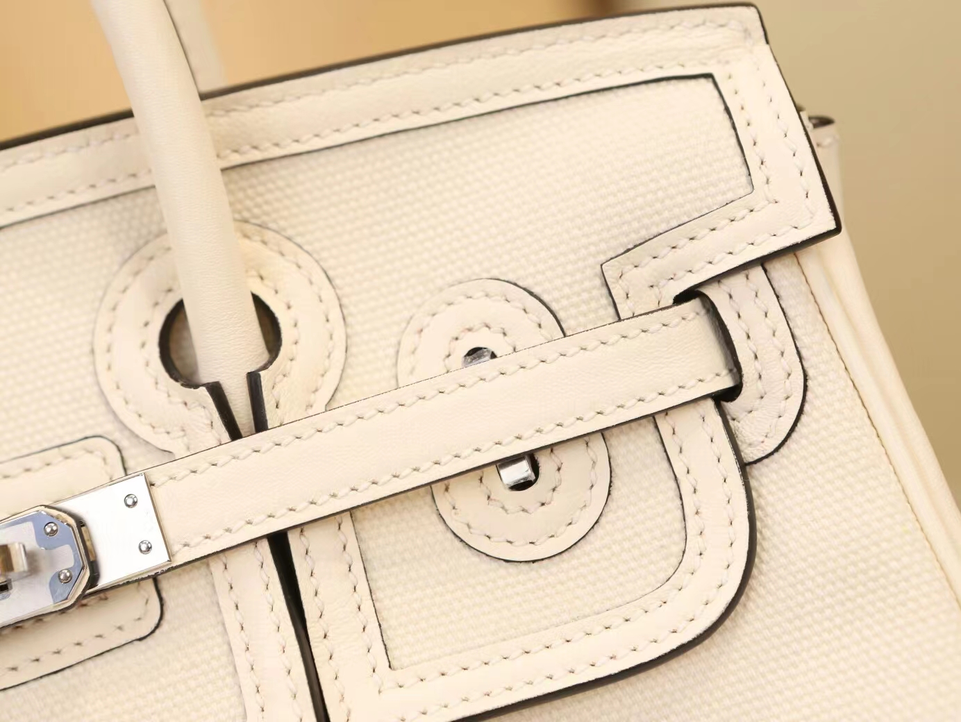 Hermes爱马仕帆布拼皮I2奶油白Nata铂金包Birkin Cargo25CM 银扣