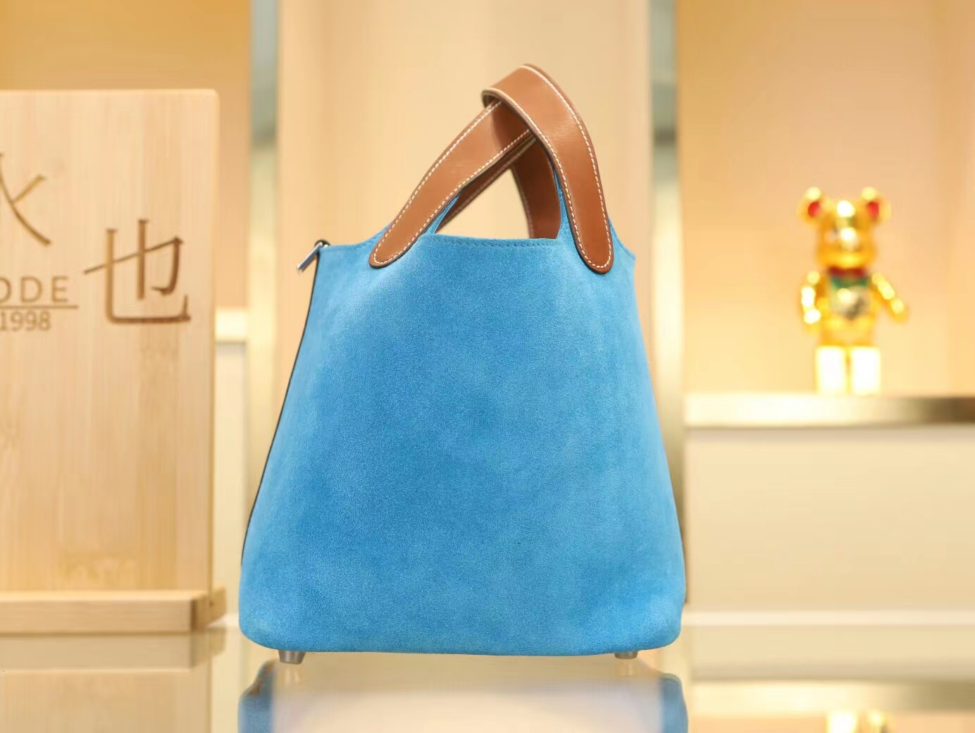 Hermes爱马仕3P Blue atoll环礁蓝麂皮拼金棕马鞍皮菜篮子Picotin Lock18/22CM