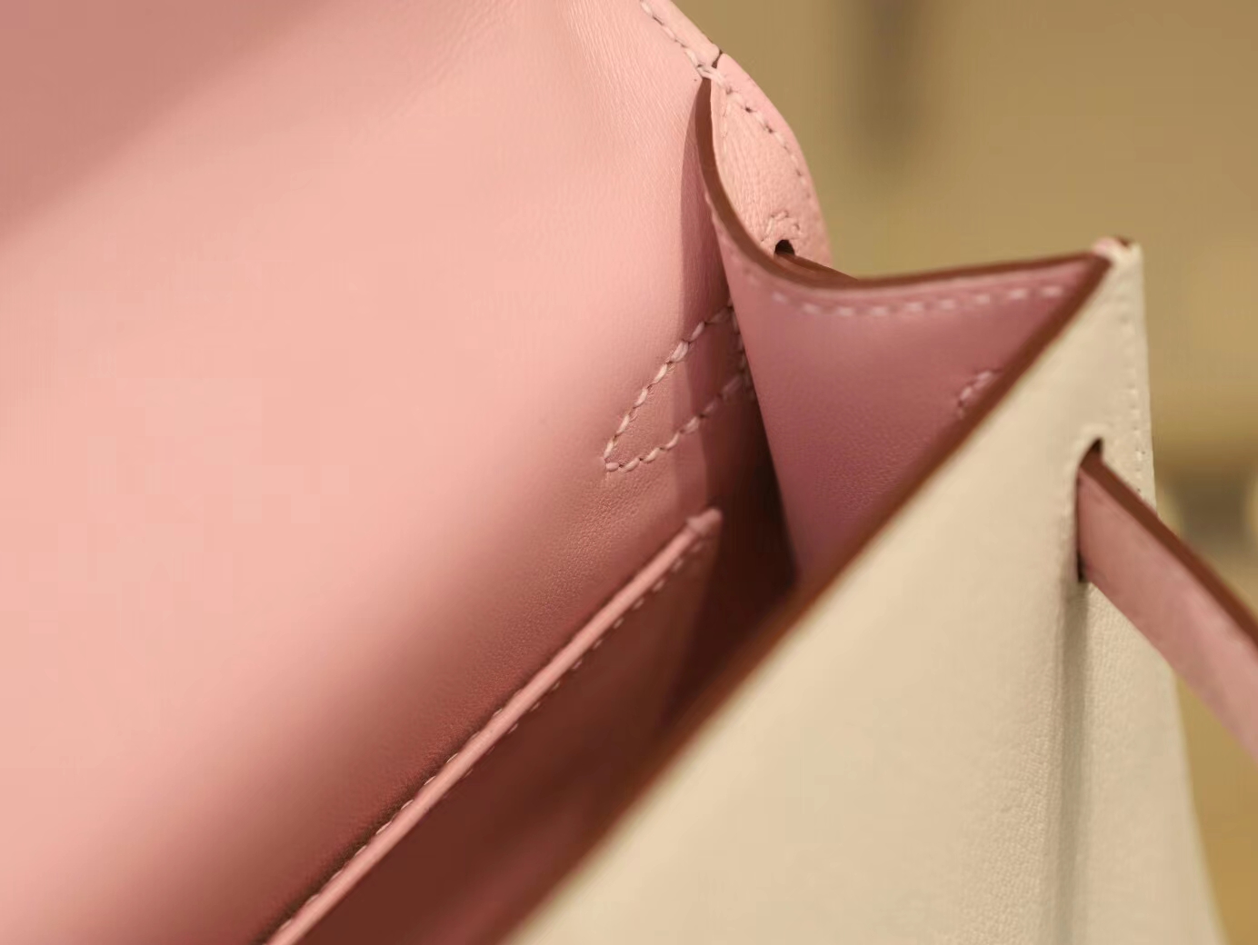 Hermes Mini Kelly 2代 爱马仕I2奶油白拼3Q水粉色山羊皮拼色二代迷你凯莉包