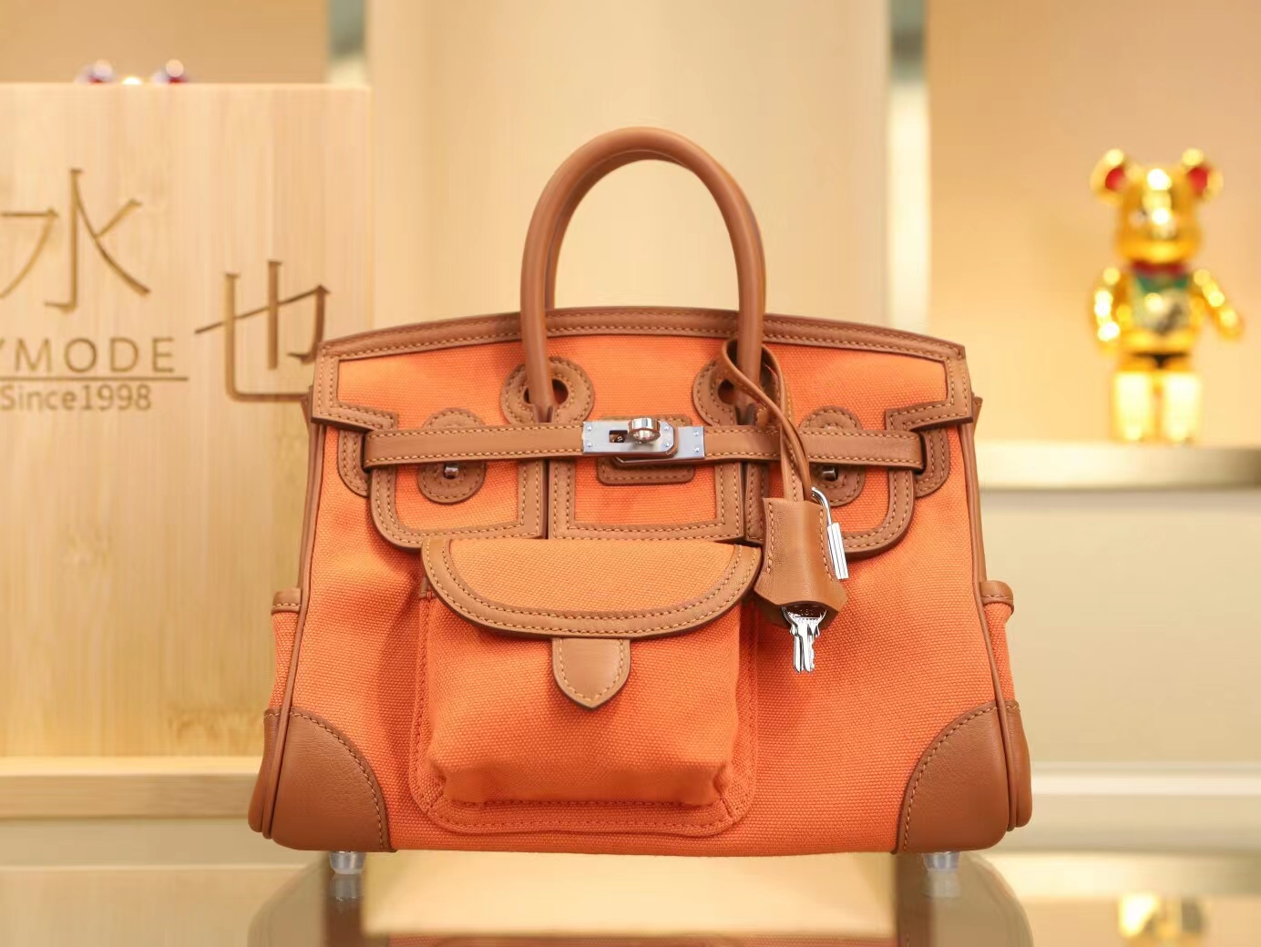 爱马仕帆布铂金包 Hermes Birkin Cargo25CM 橙色帆布拼金棕牛皮 银扣