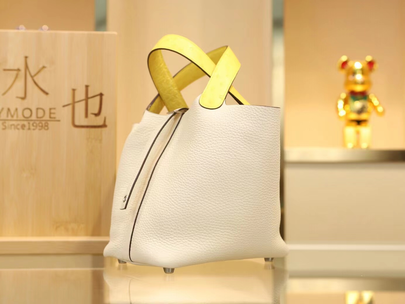 Hermes Picotin Touch18CM 爱马仕i2奶油白拼9r柠檬黄鸵鸟皮手柄菜篮子包