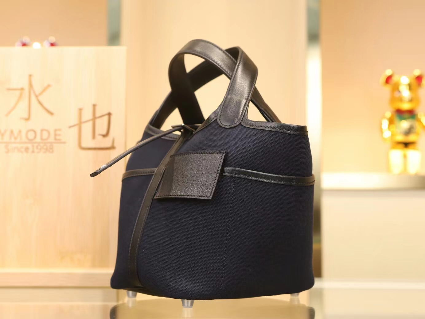 Hermes Picotin Lock Pocket18CM 爱马仕深蓝帆布拼黑色牛皮口袋菜篮子