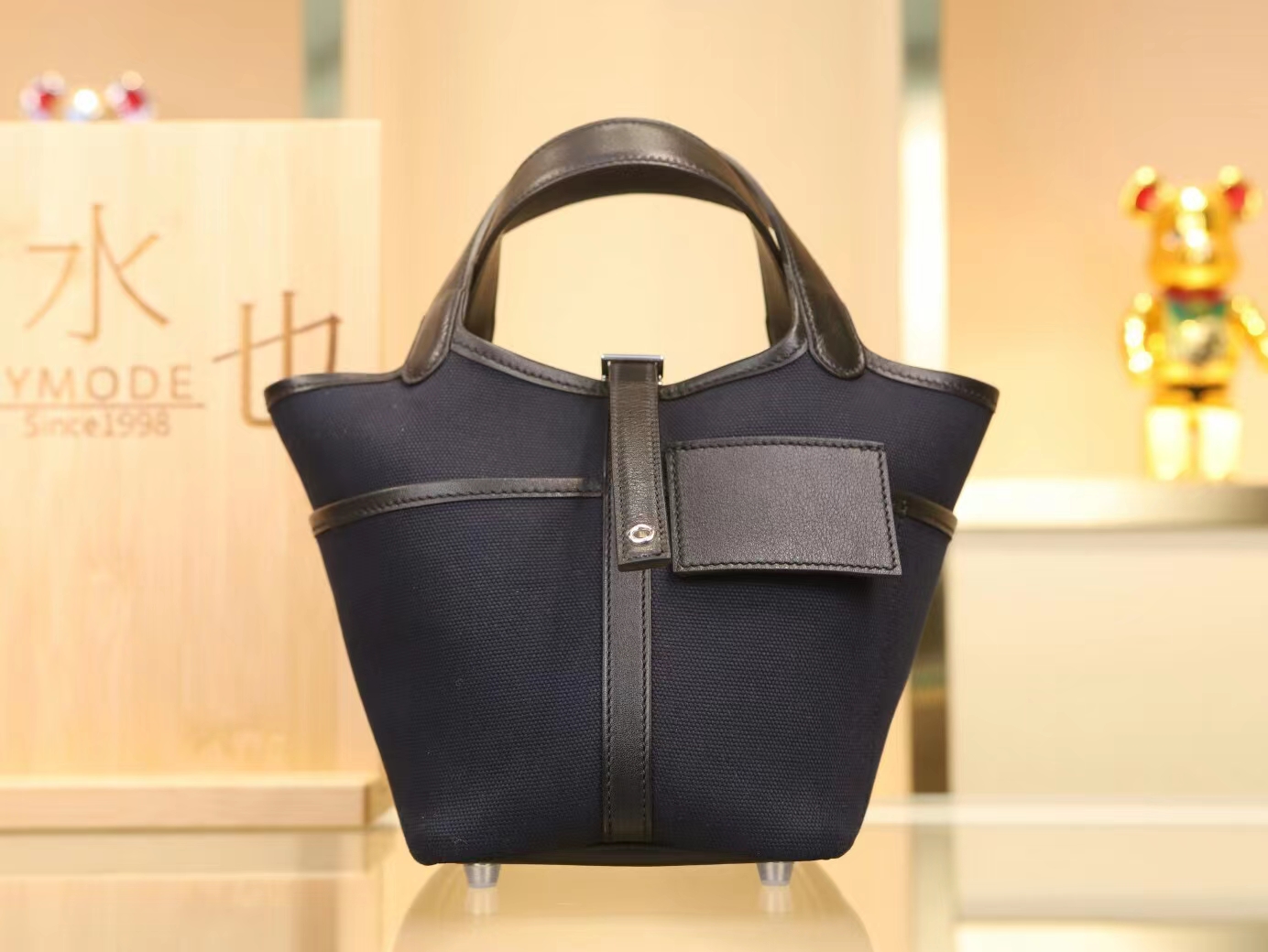 Hermes Picotin Lock Pocket18CM 爱马仕深蓝帆布拼黑色牛皮口袋菜篮子