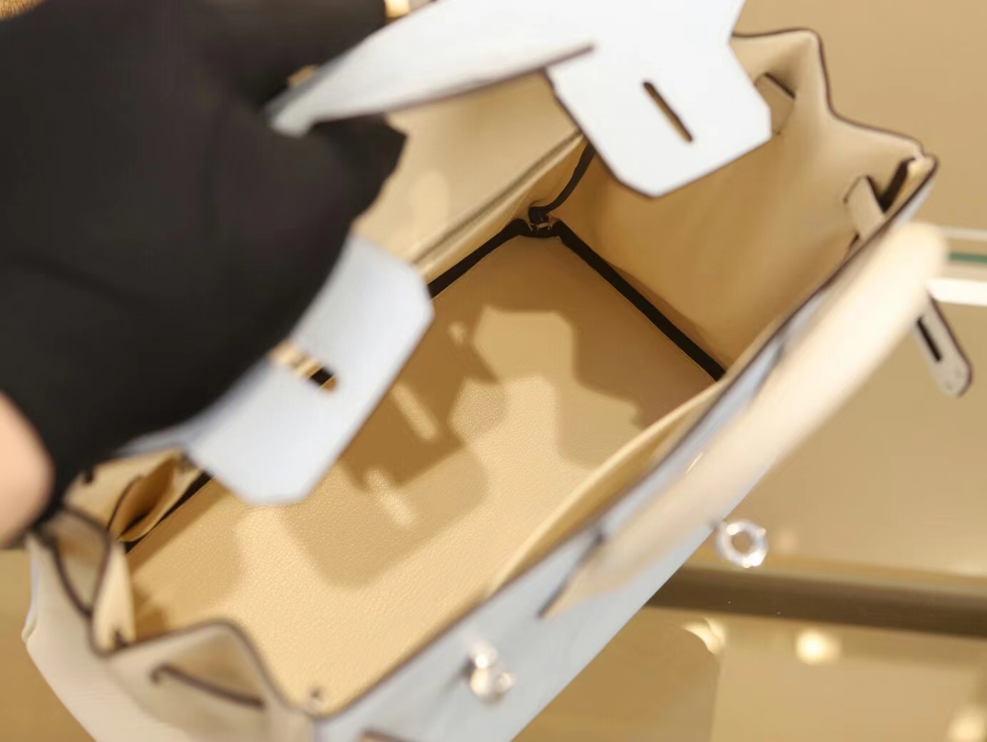 爱马仕Hermes T0圣杯蓝拼I2奶油白Epsom皮铂金包Birkin25CM 银扣