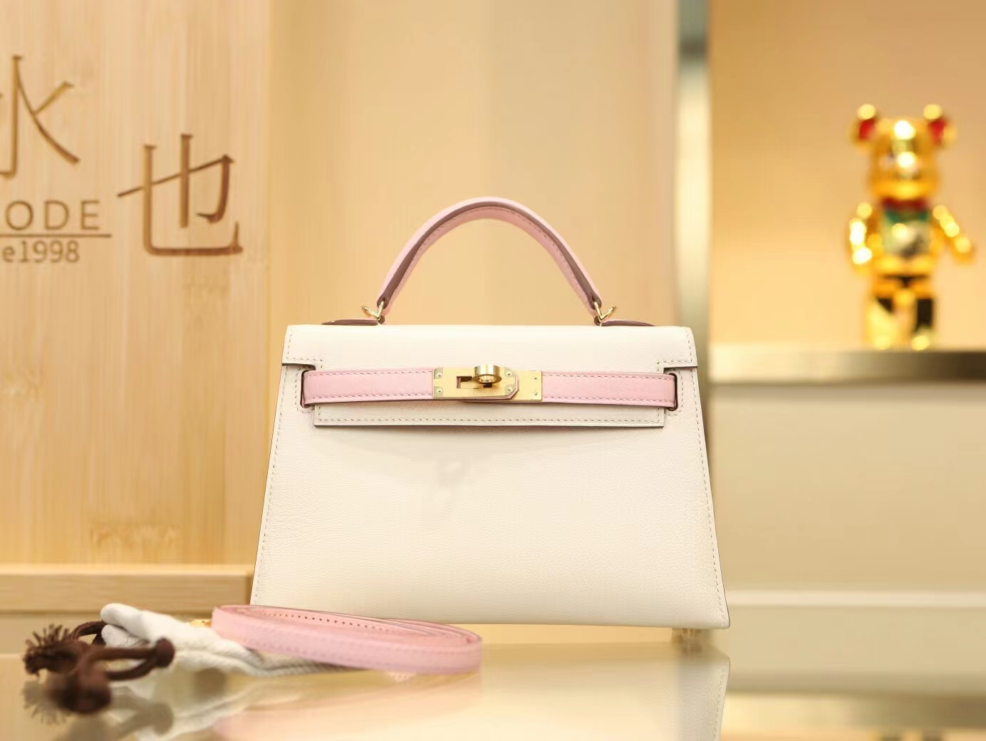 Hermes Mini Kelly 2代 爱马仕I2奶油白拼3Q水粉色山羊皮拼色二代迷你凯莉包