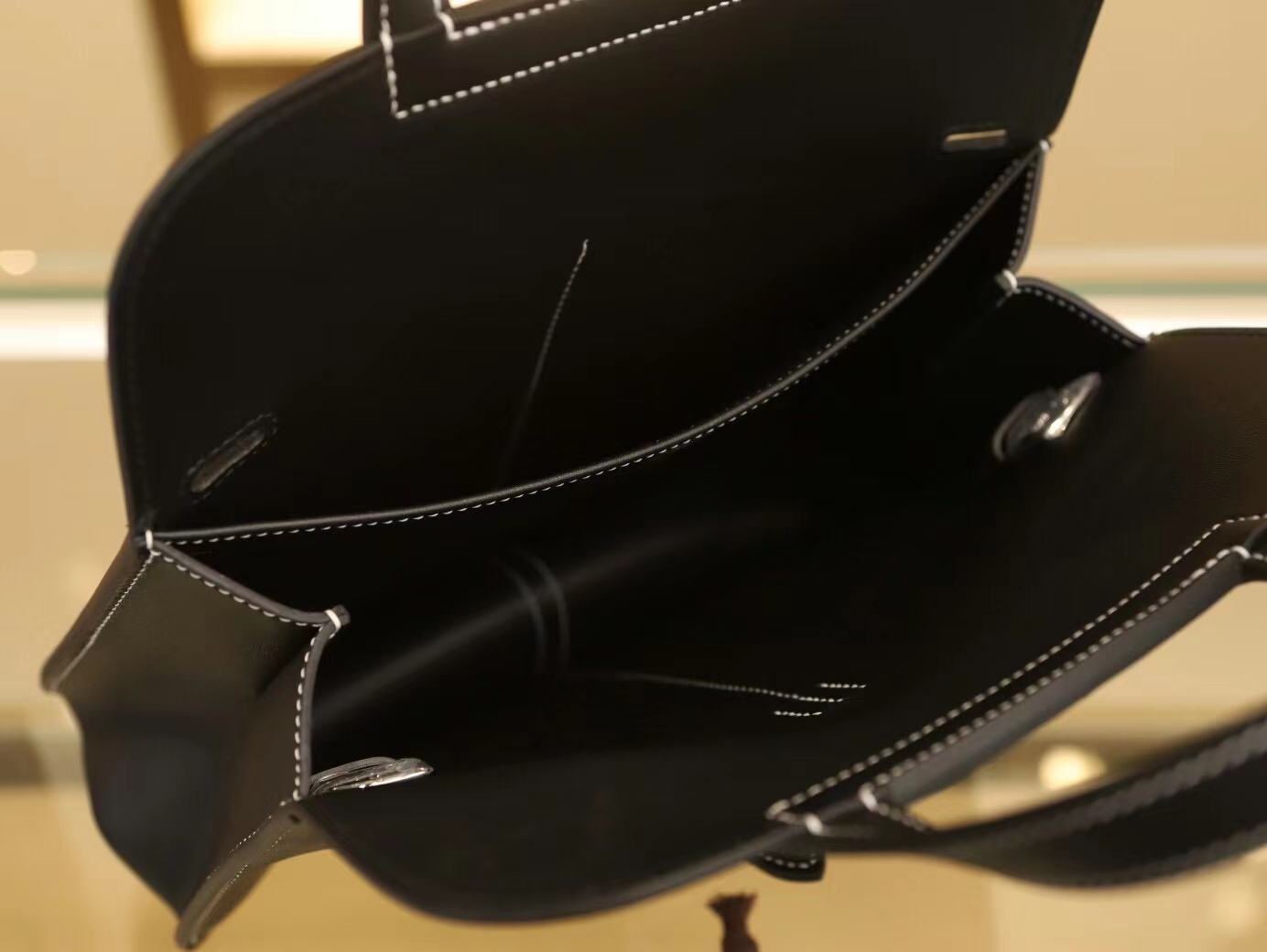 爱马仕包包定制 Hermes Halzan25CM 黑色Swift牛皮白线手提女包